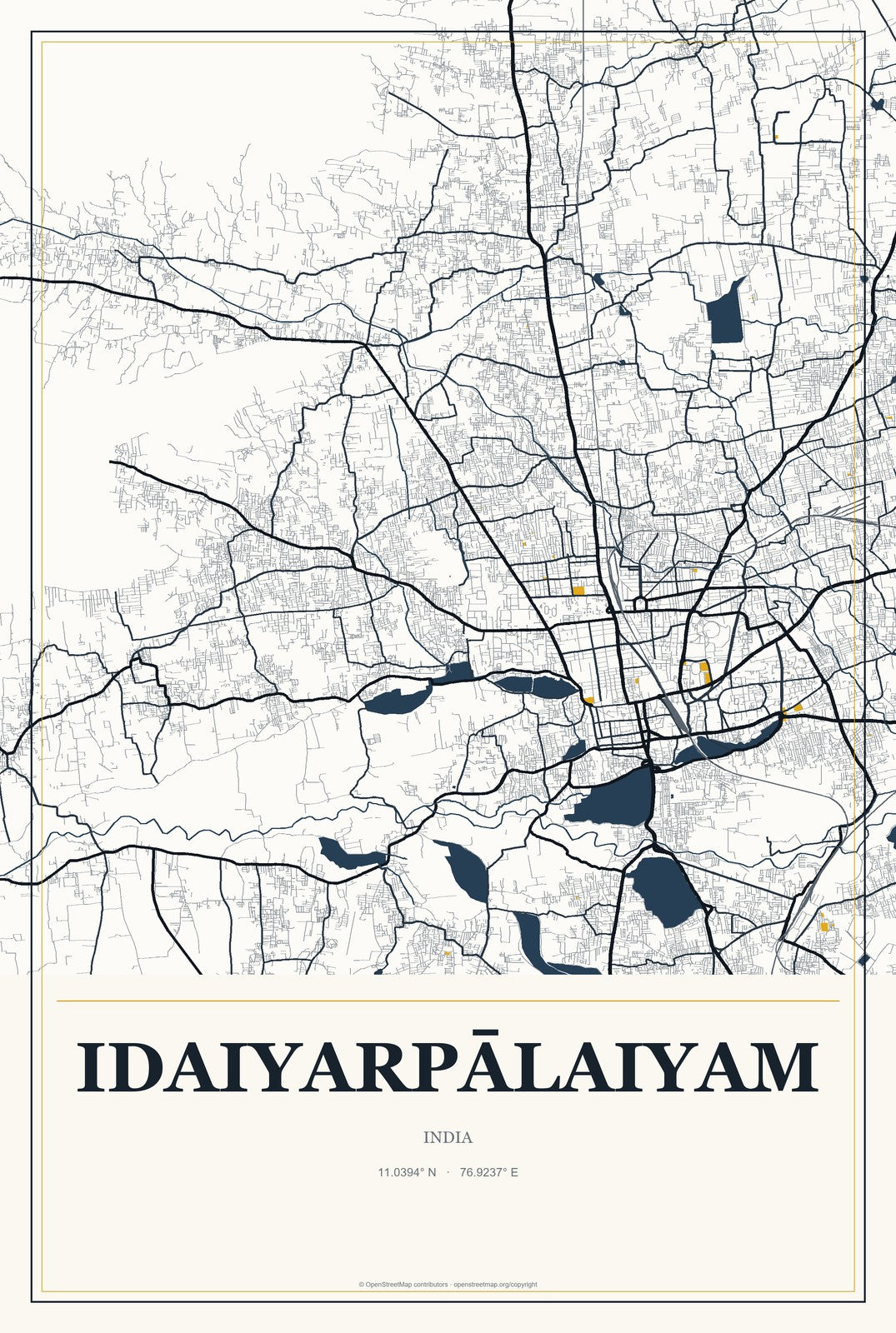 Idaiyarpālaiyam, India City Map Aluminum Sign in Citrine Modern style