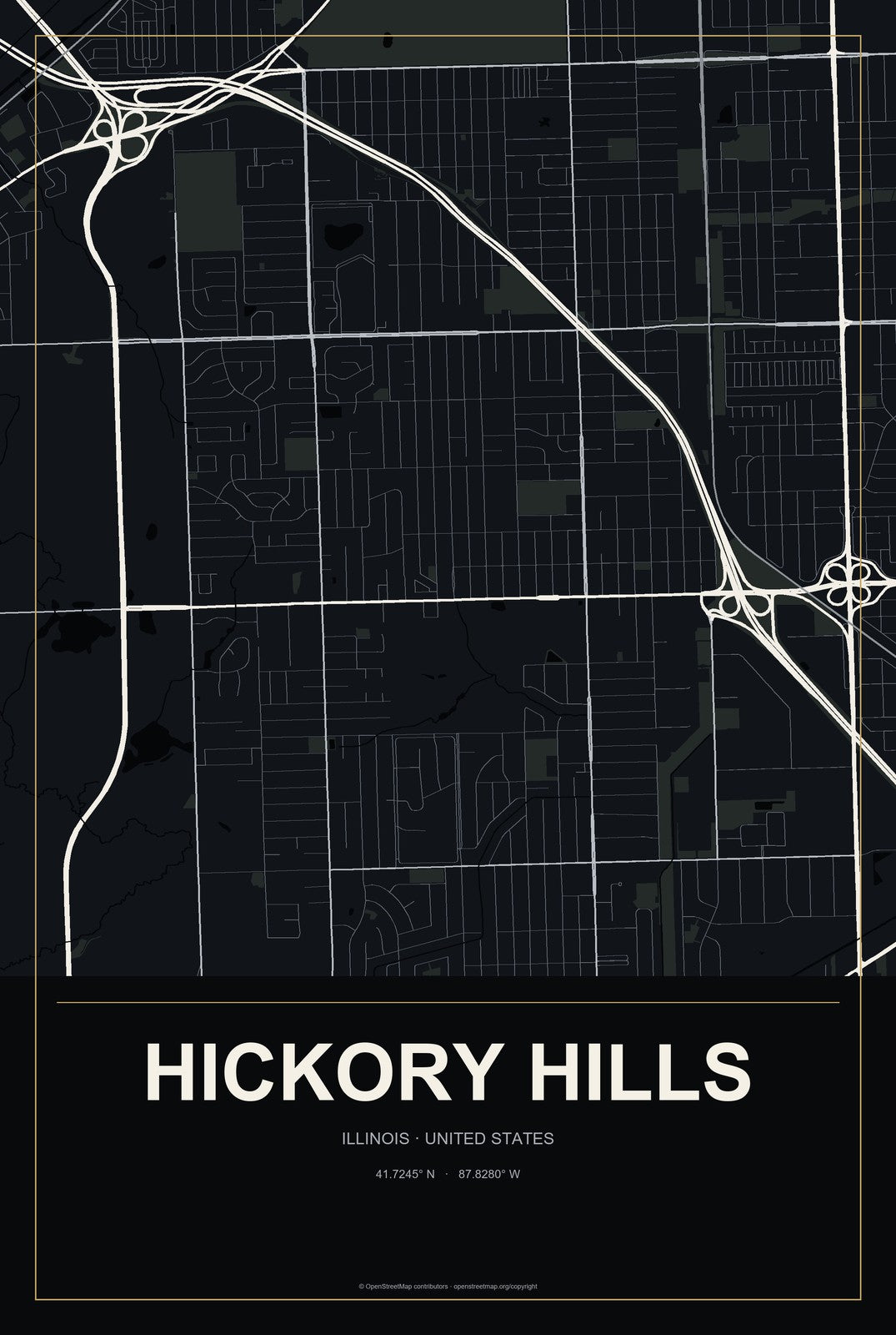 Hickory Hills, Illinois City Map Aluminum Sign in Metropolitan Noir style