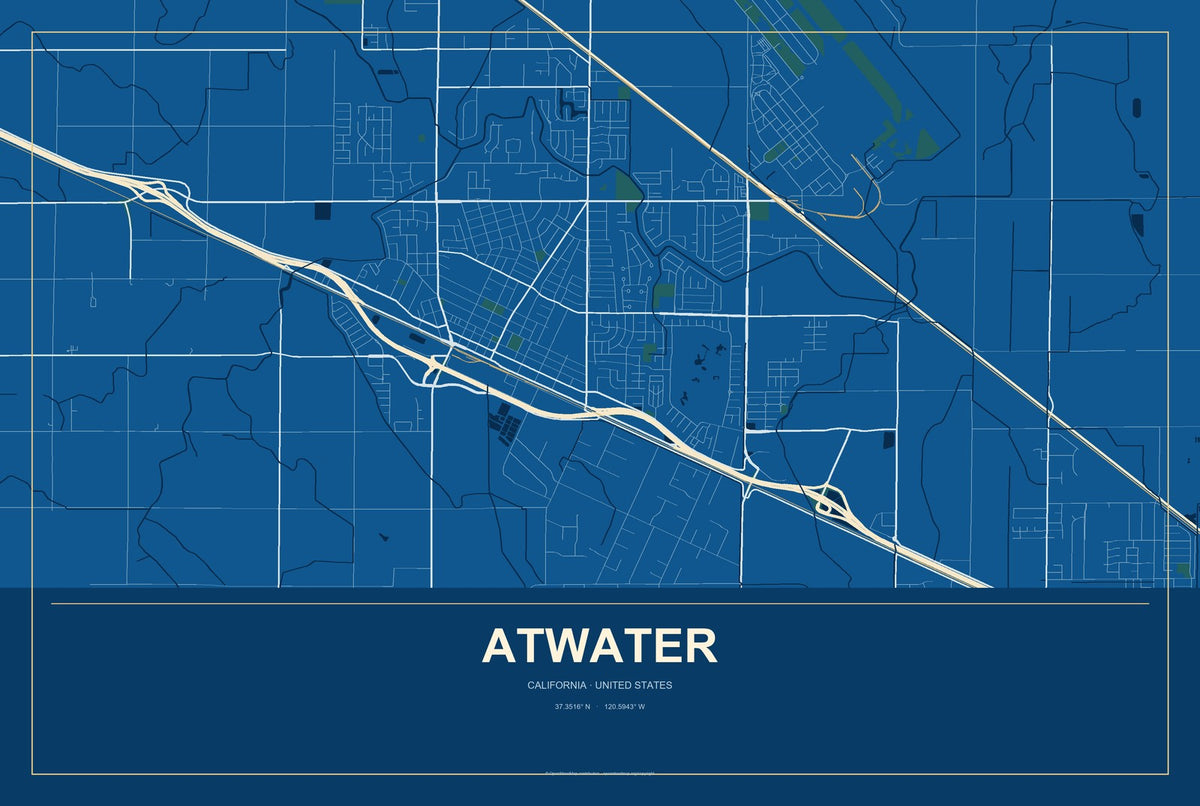 Atwater, California City Map Aluminum Sign in Harbor Cobalt style