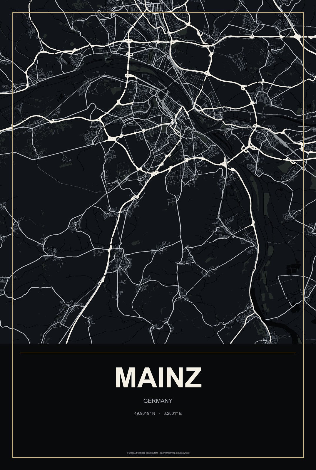 Mainz, Germany City Map Aluminum Sign in Metropolitan Noir style