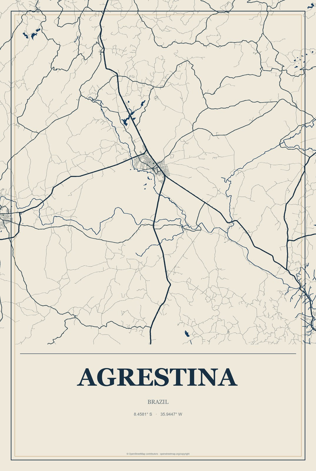 Agrestina, Brazil City Map Aluminum Sign in Coastal Cutout style