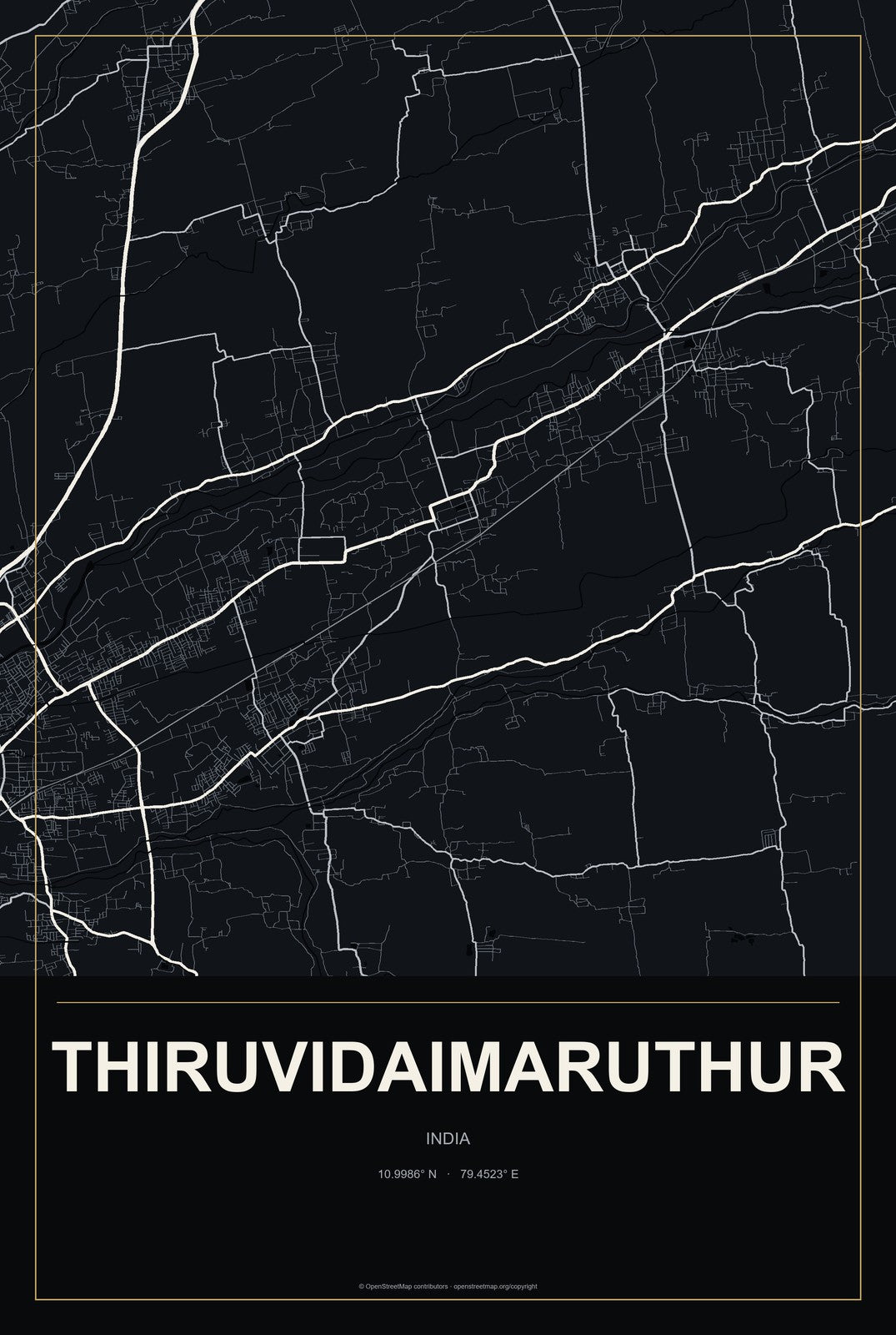 Thiruvidaimaruthur, India City Map Aluminum Sign in Metropolitan Noir style