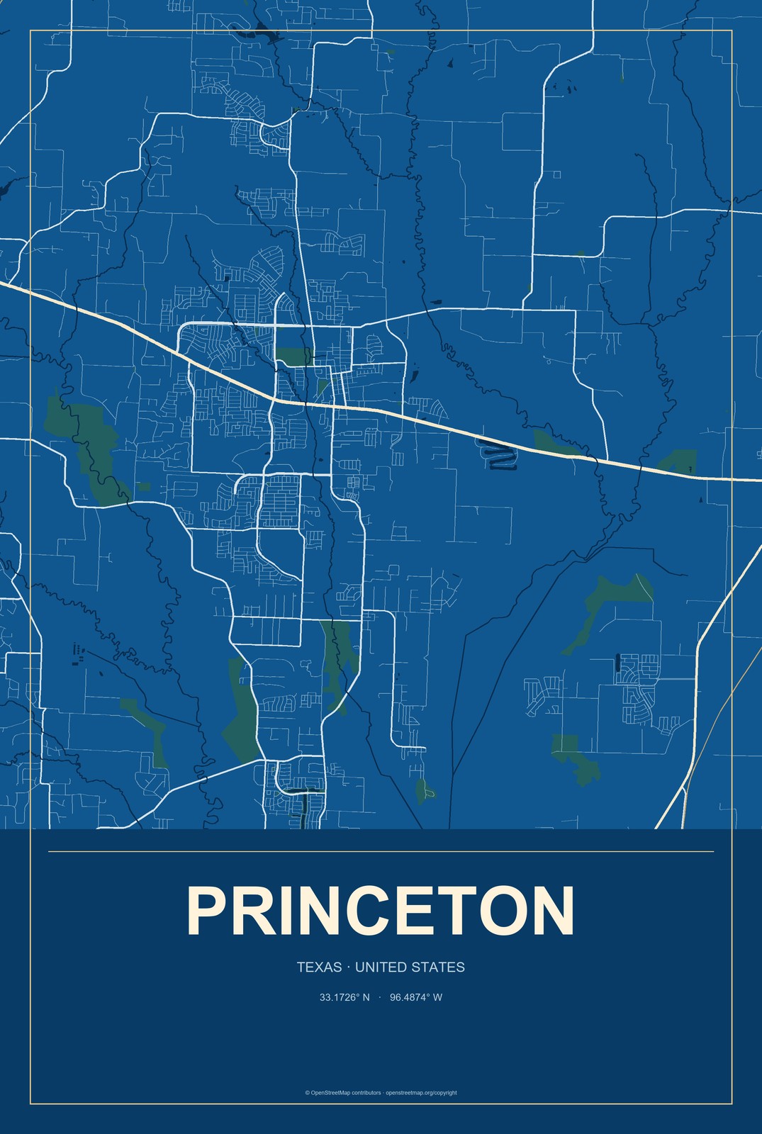 Princeton, Texas City Map Aluminum Sign in Harbor Cobalt style