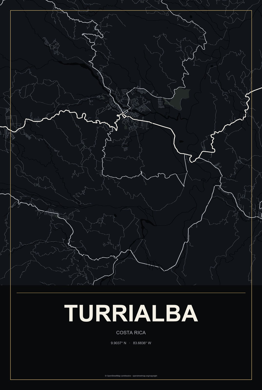 Turrialba, Costa Rica City Map Aluminum Sign in Metropolitan Noir style