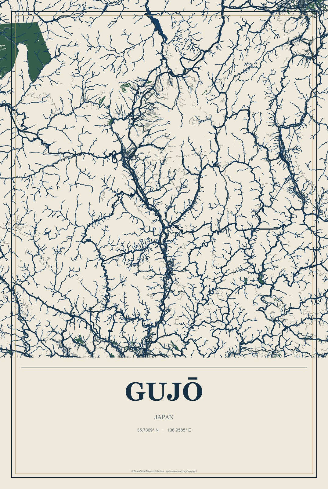 Gujō, Japan City Map Aluminum Sign in Coastal Cutout style