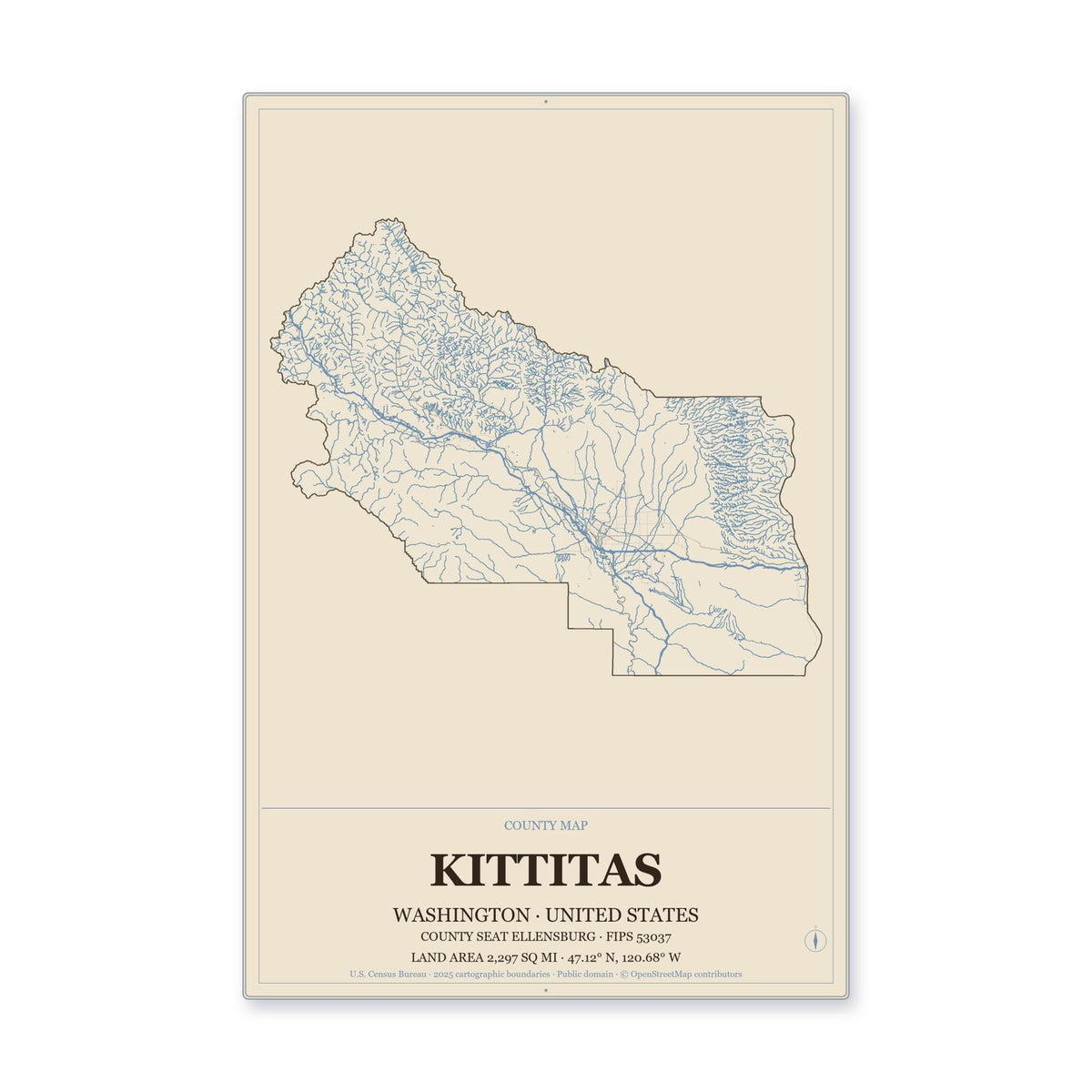 Kittitas County, Washington Map Aluminum Sign in Heritage Nautical style