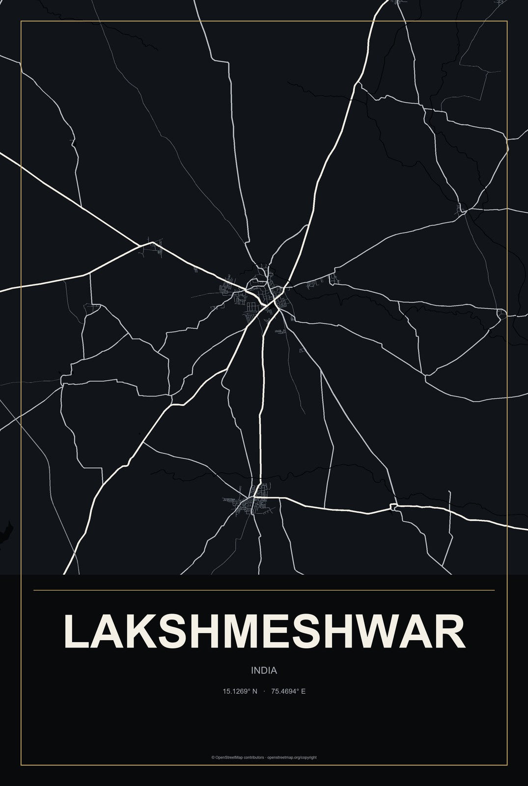 Lakshmeshwar, India City Map Aluminum Sign in Metropolitan Noir style