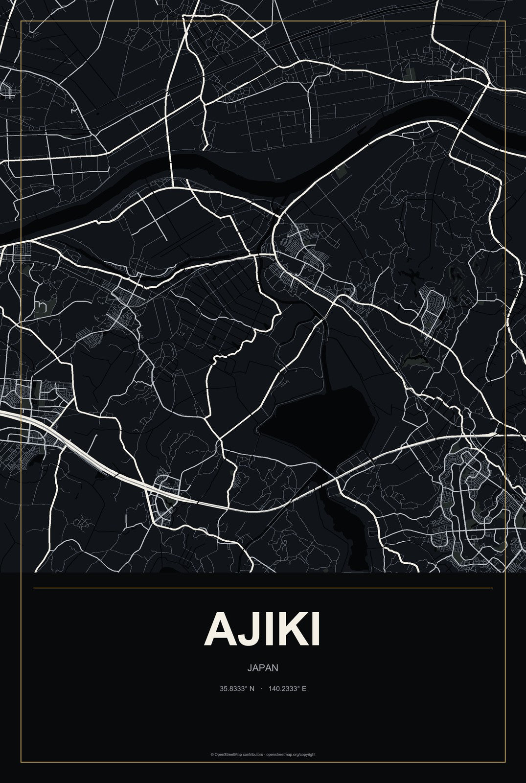 Ajiki, Japan City Map Aluminum Sign in Metropolitan Noir style