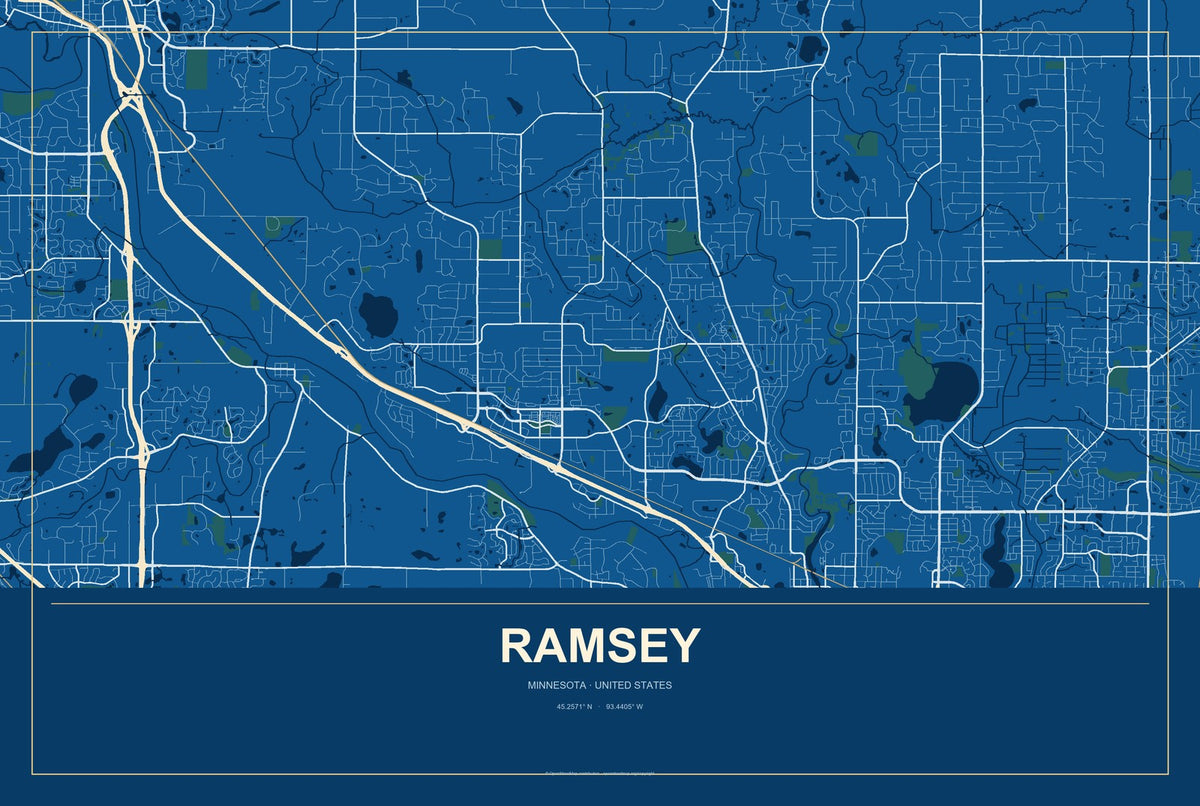 Ramsey, Minnesota City Map Aluminum Sign in Harbor Cobalt style