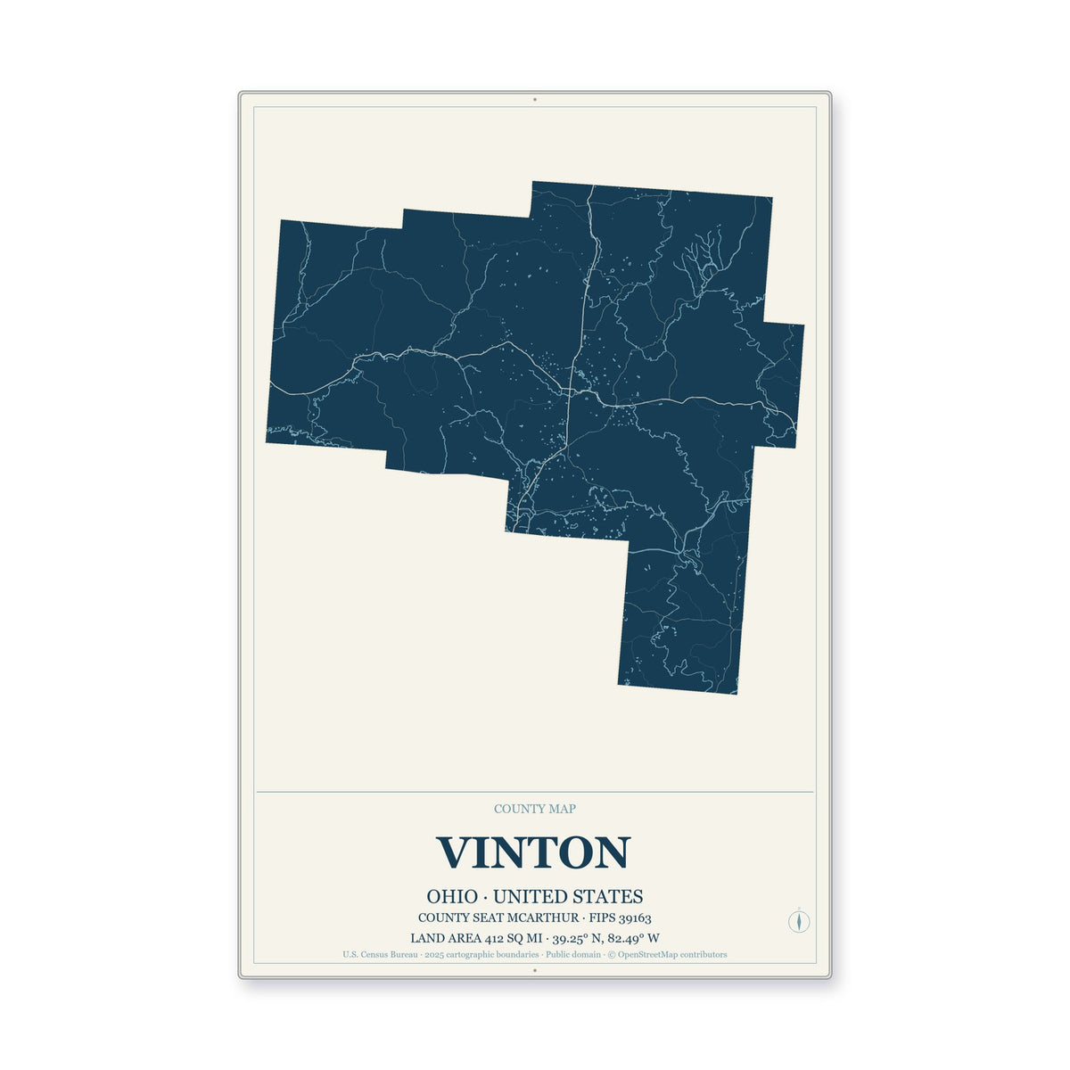 Vinton County, Ohio Map Aluminum Sign in Coastal Cutout style