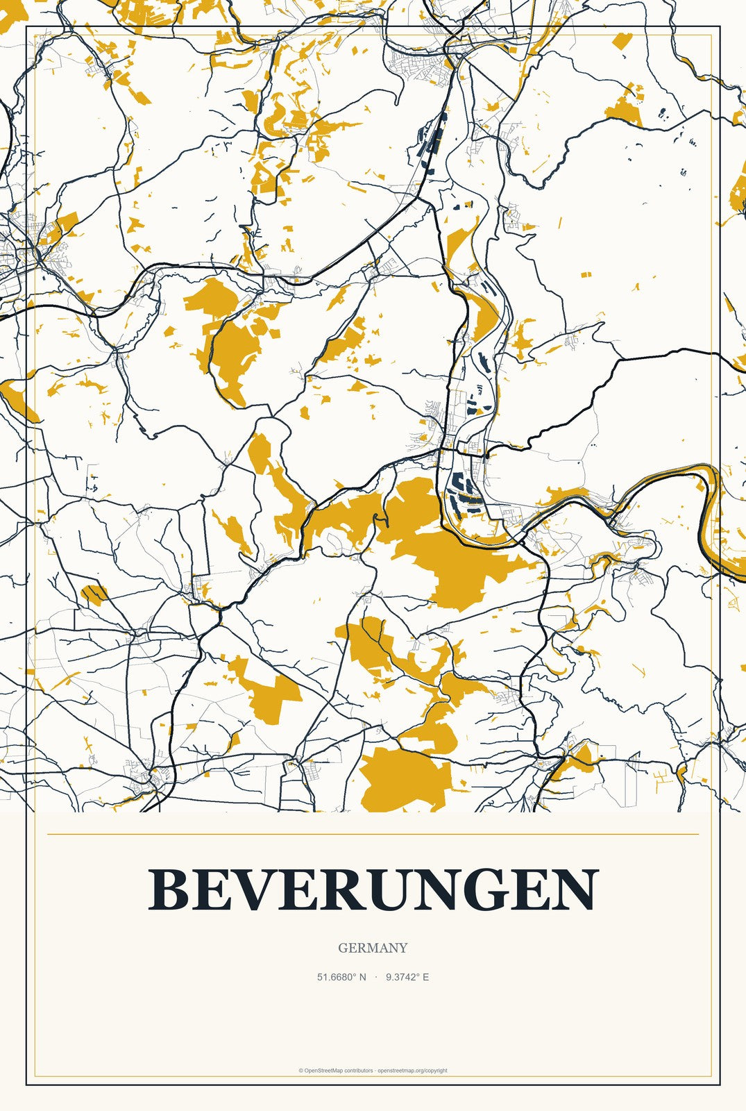 Beverungen, Germany City Map Aluminum Sign in Citrine Modern style