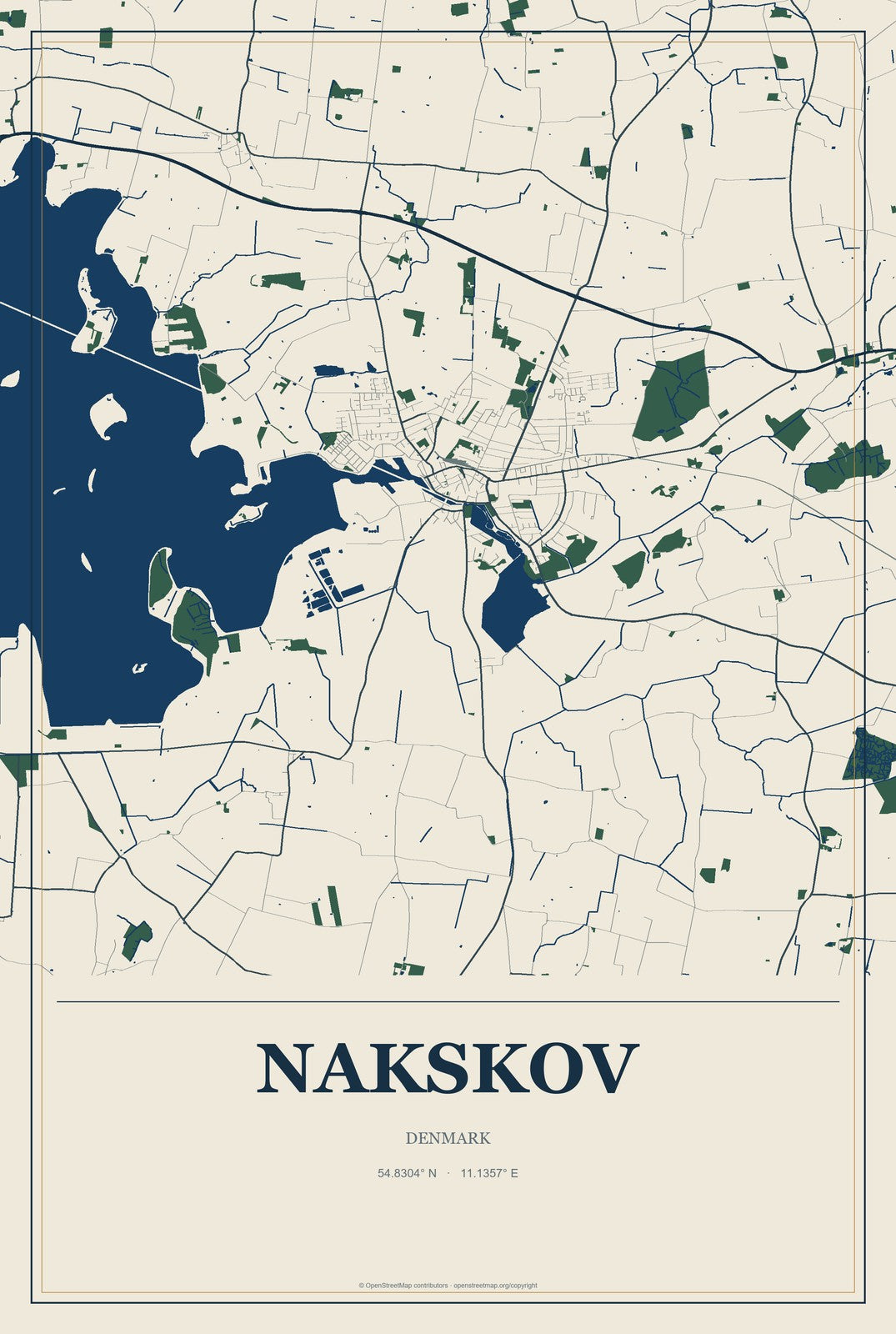 Nakskov, Denmark City Map Aluminum Sign in Coastal Cutout style