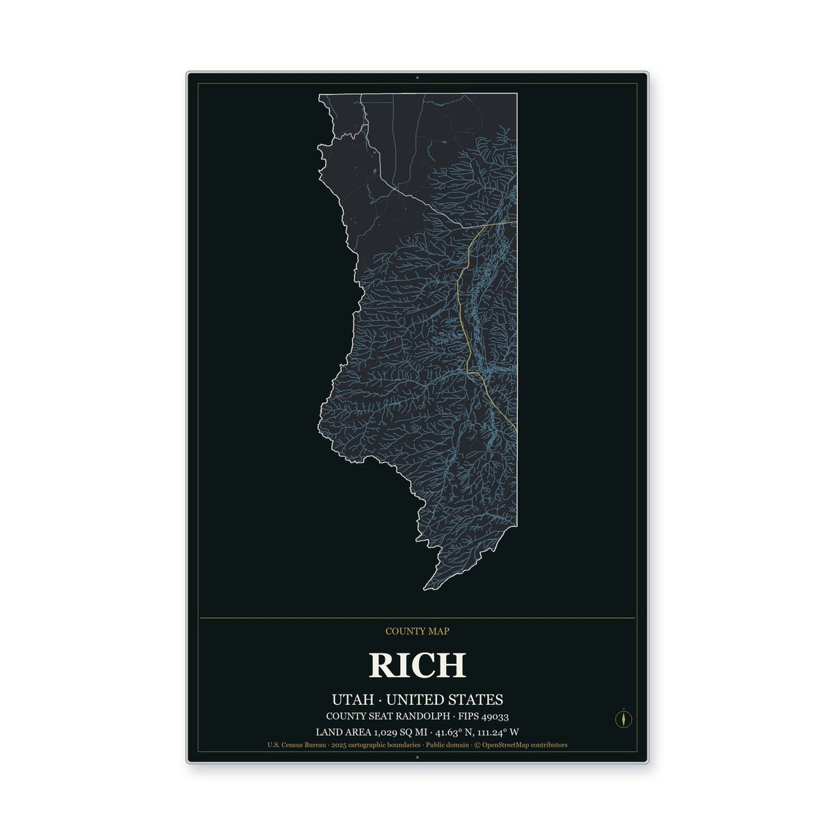 Rich County, Utah Map Aluminum Sign in Metropolitan Noir style