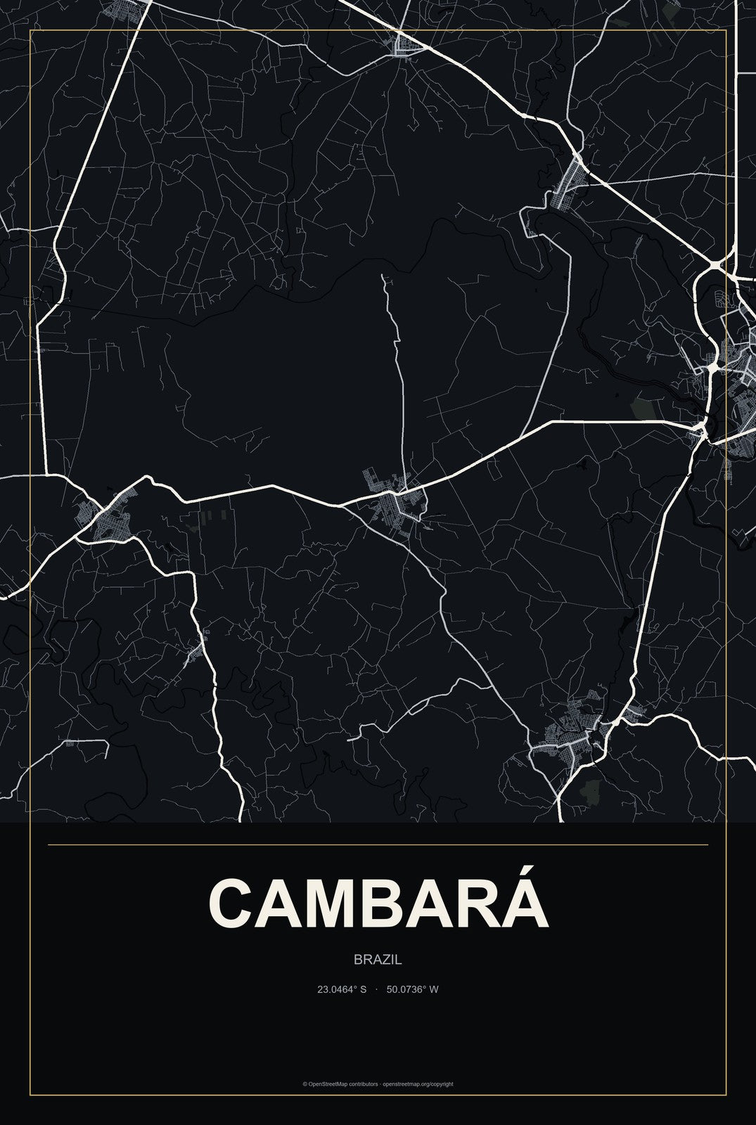 Cambará, Brazil City Map Aluminum Sign in Metropolitan Noir style