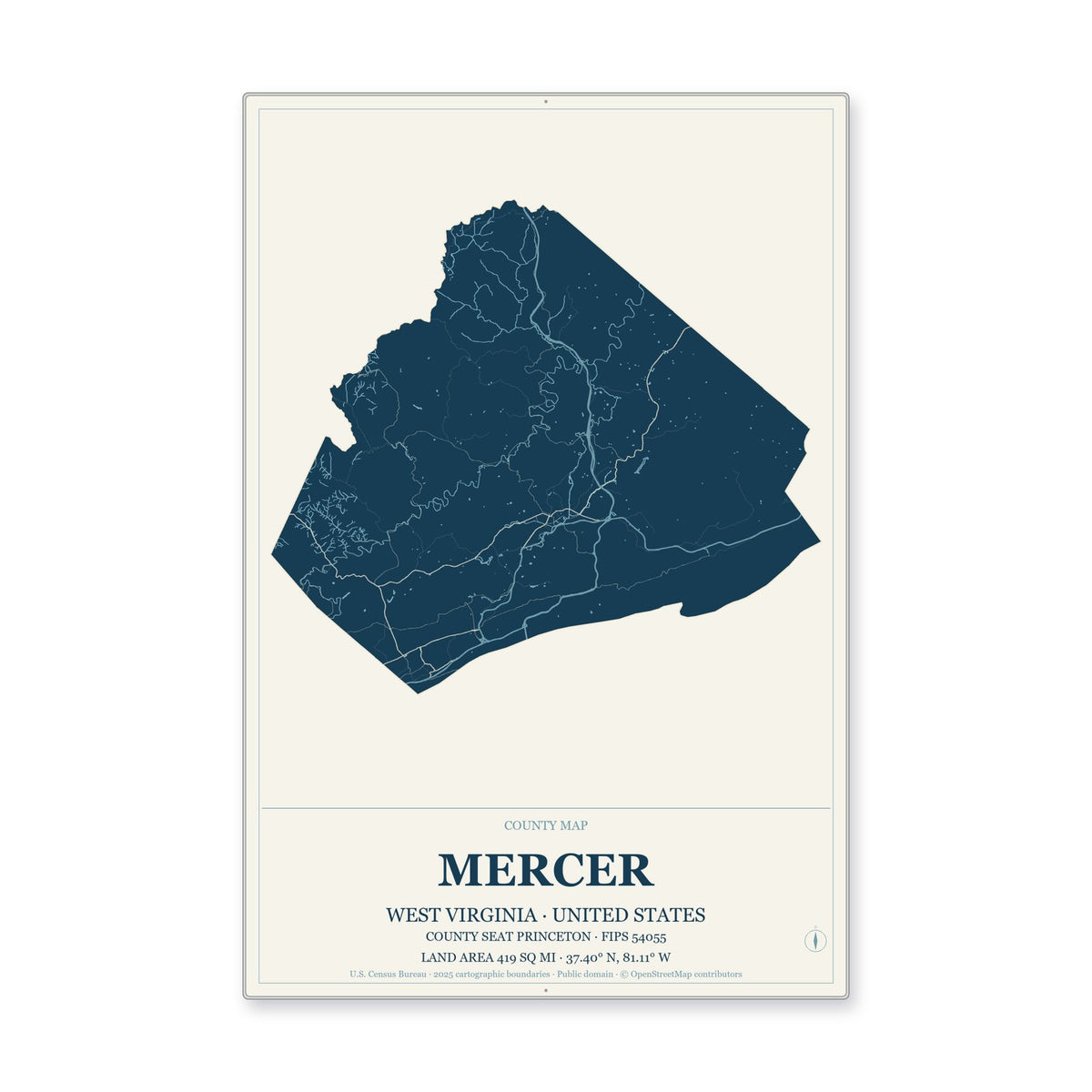 Mercer County, West Virginia Map Aluminum Sign in Coastal Cutout style