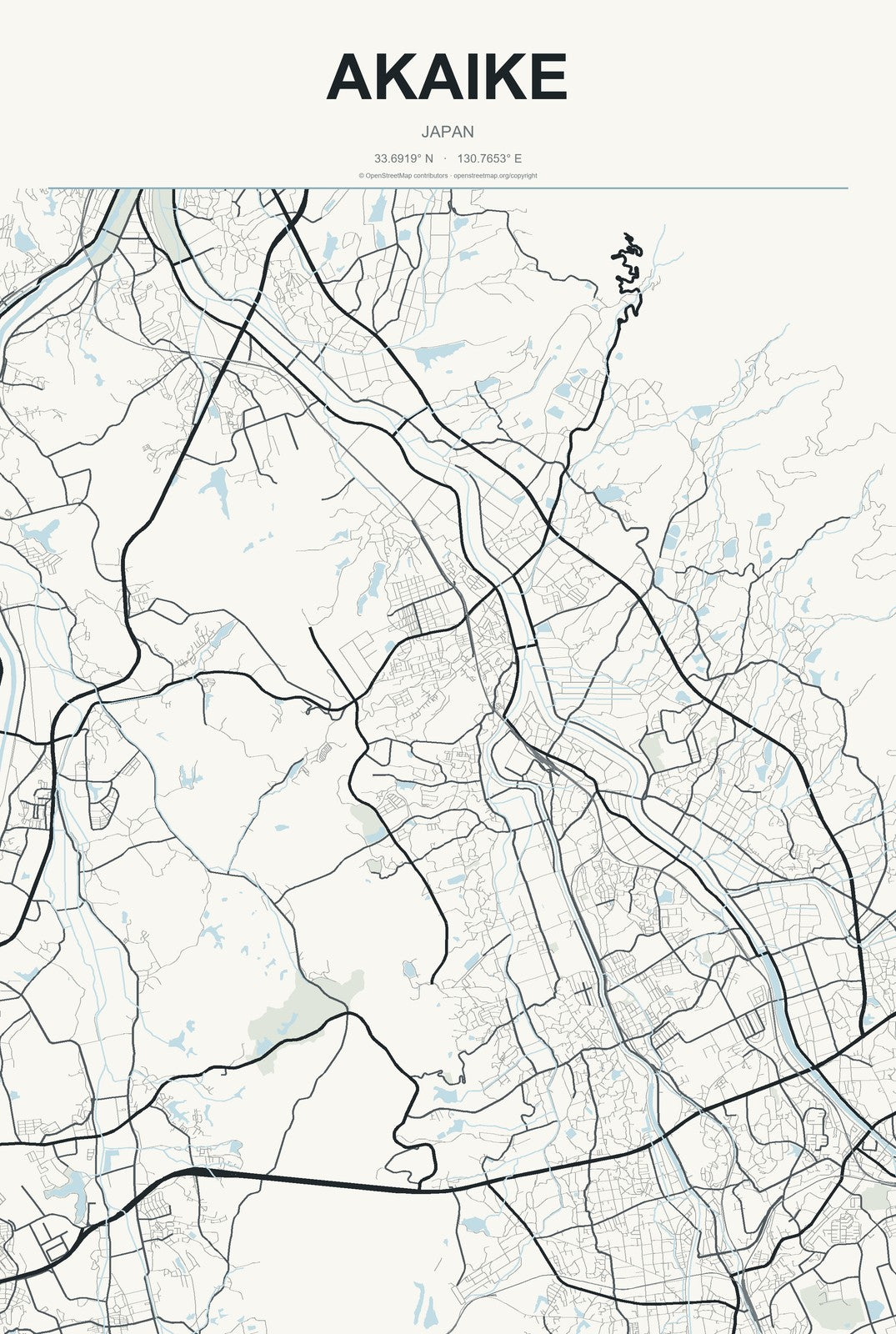 Akaike, Japan City Map Aluminum Sign in Headline Atlas style