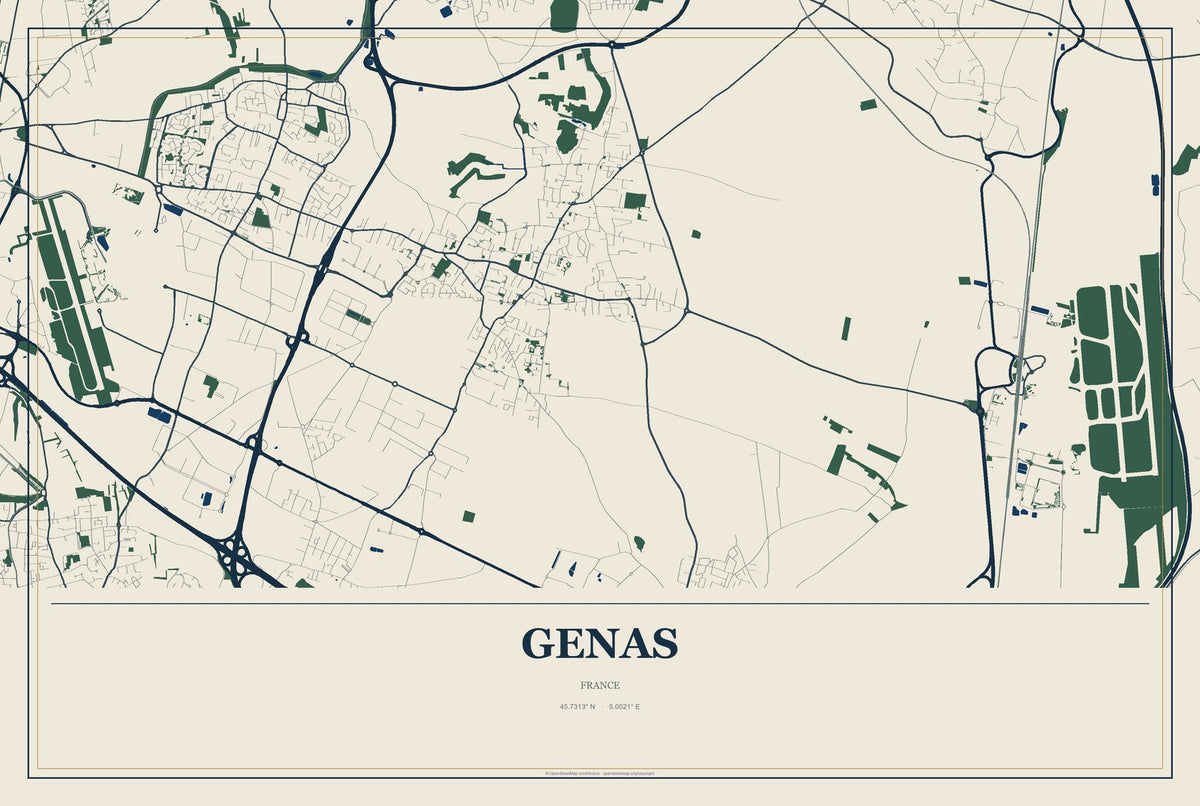 Genas, France City Map Aluminum Sign in Coastal Cutout style