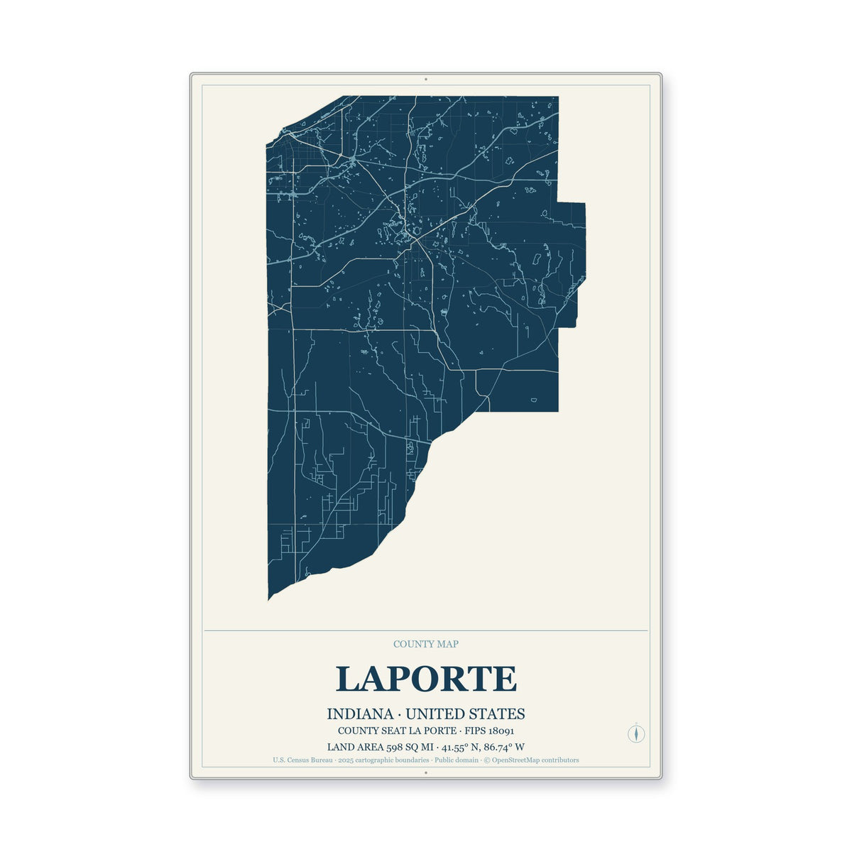 LaPorte County, Indiana Map Aluminum Sign in Coastal Cutout style