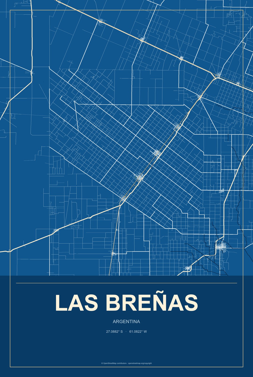 Las Breñas, Argentina City Map Aluminum Sign in Harbor Cobalt style