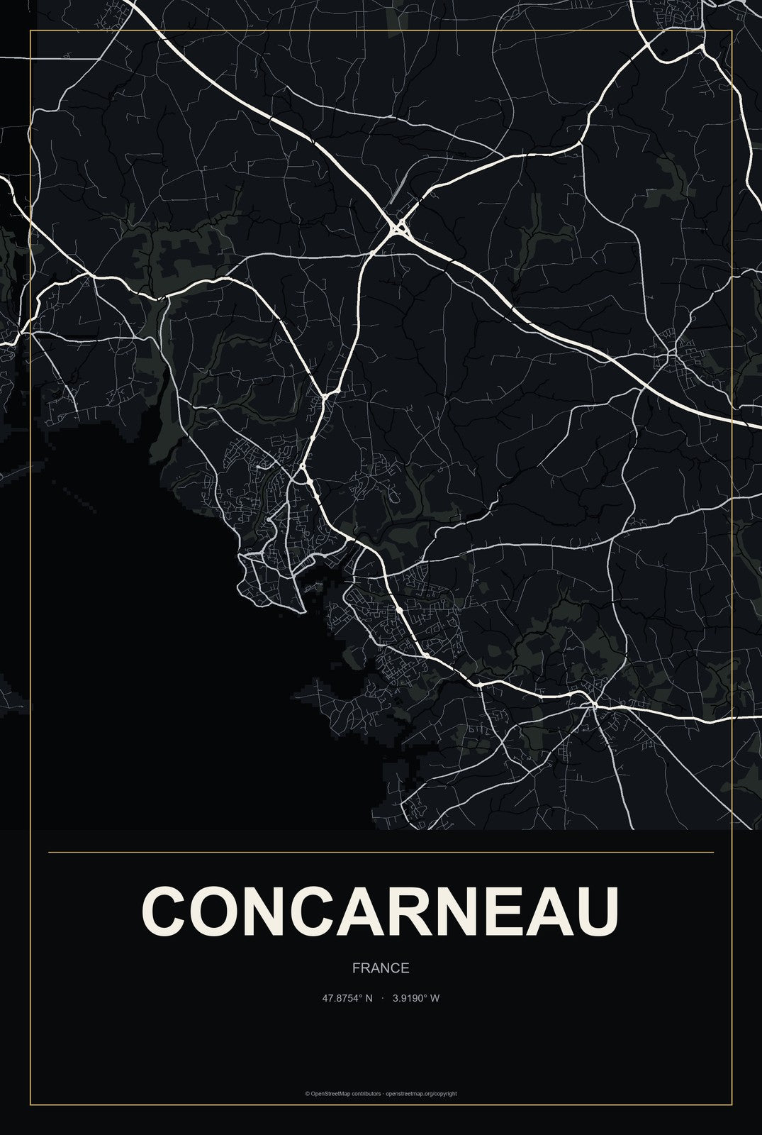 Concarneau, France City Map Aluminum Sign in Metropolitan Noir style