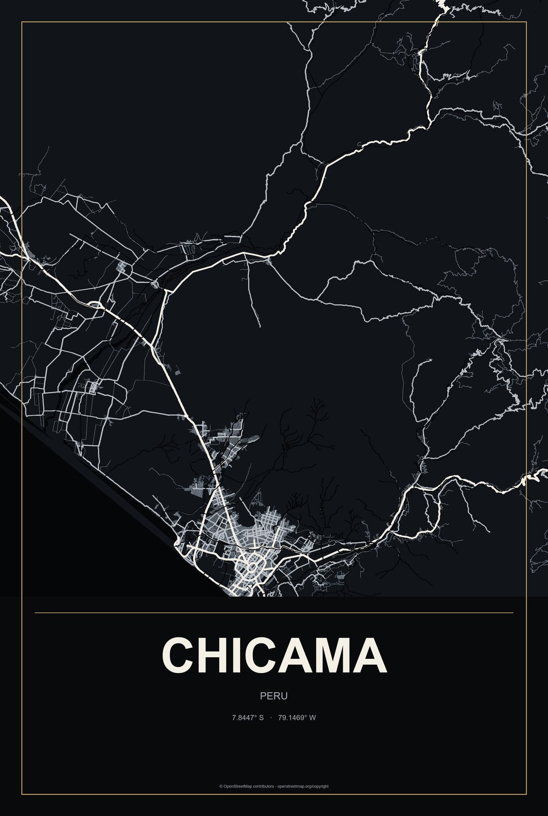 Chicama, Peru City Map Aluminum Sign in Metropolitan Noir style