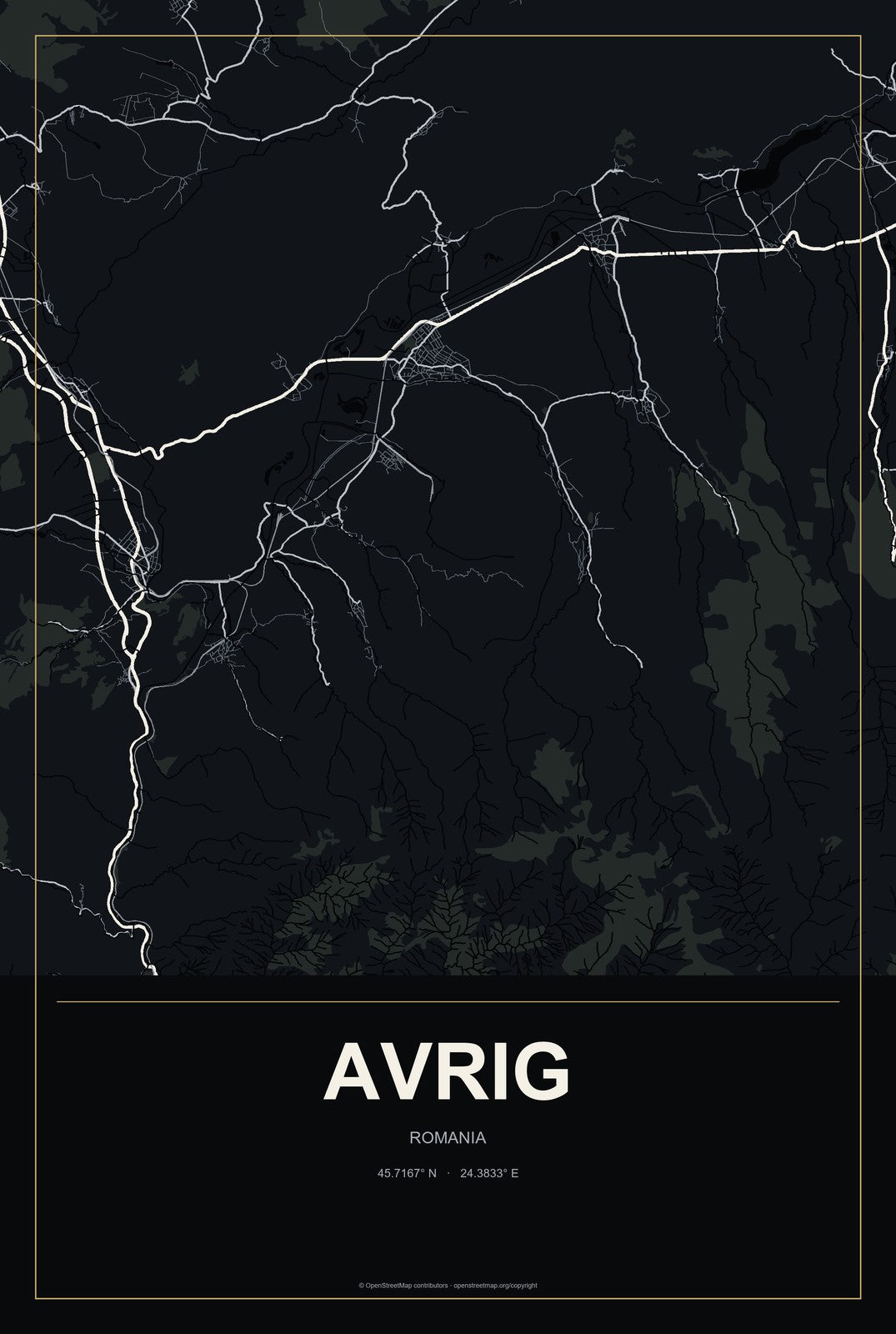 Avrig, Romania City Map Aluminum Sign in Metropolitan Noir style