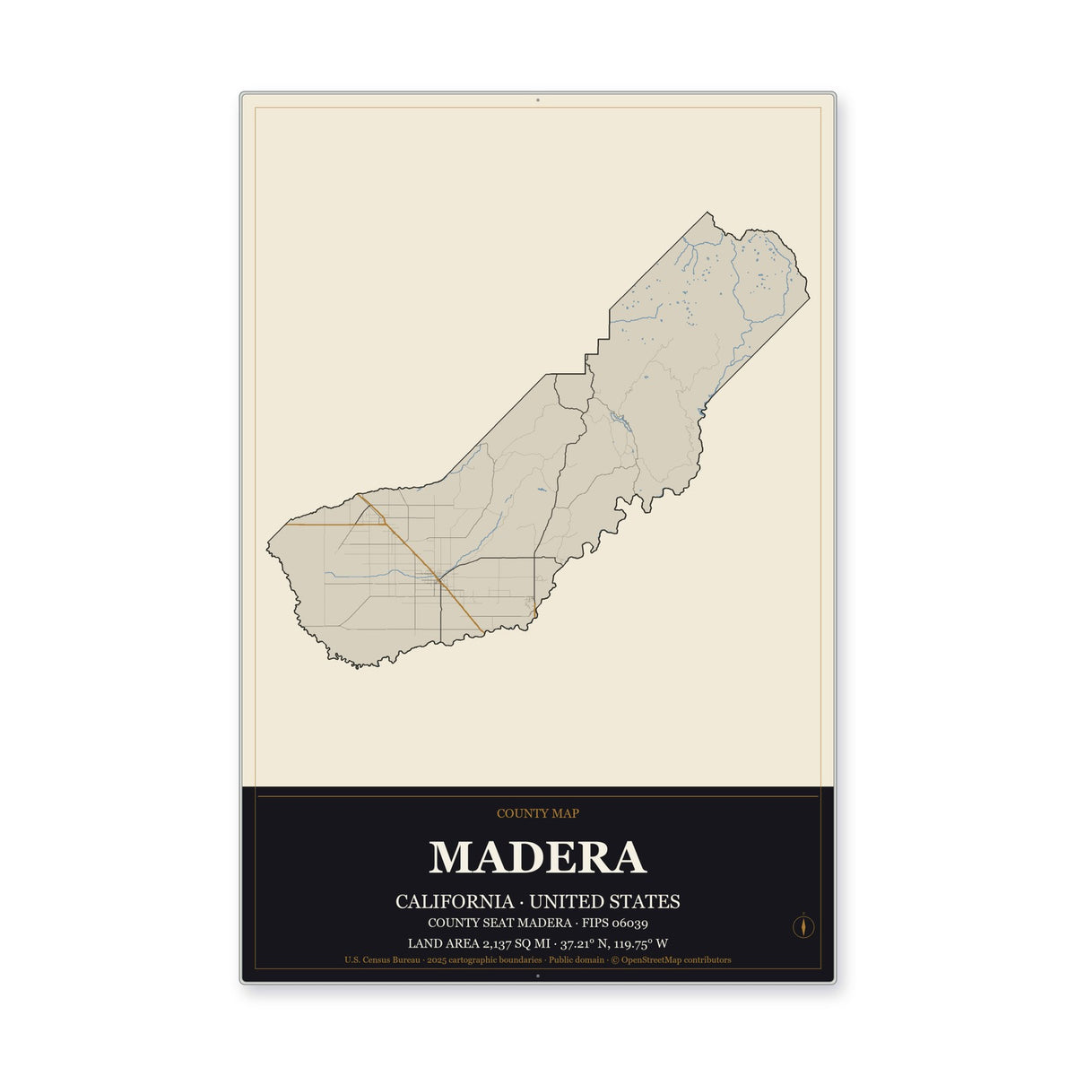 Madera County, California Map Aluminum Sign in Museum Plaque style