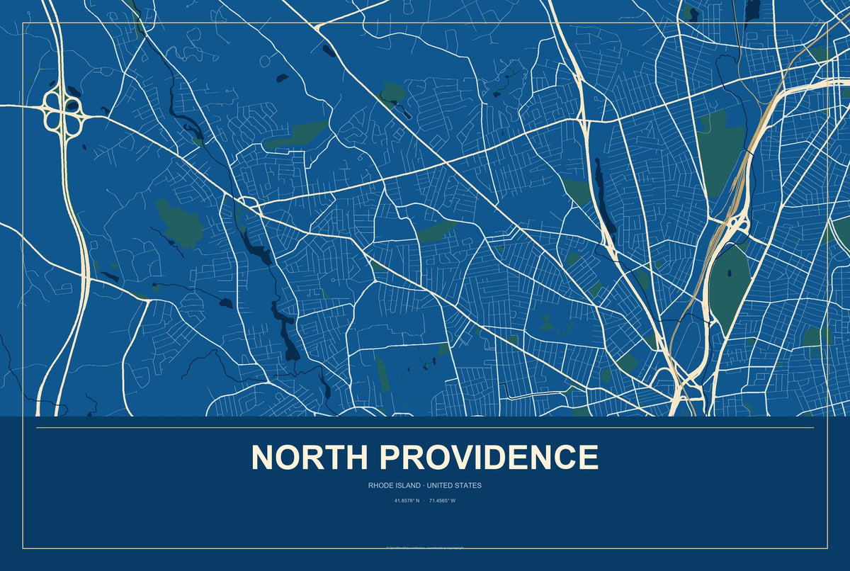 North Providence, Rhode Island City Map Aluminum Sign in Harbor Cobalt style