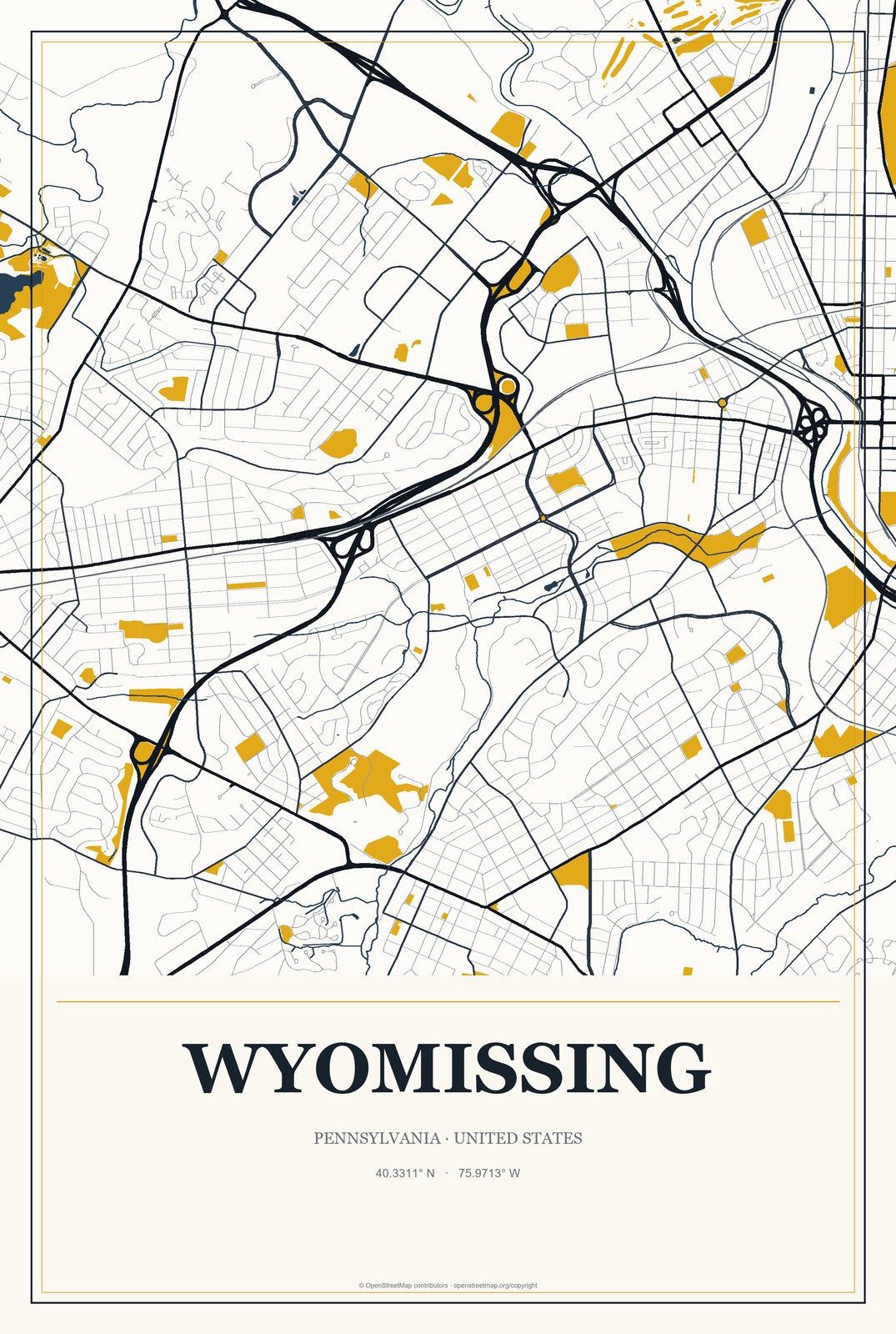 Wyomissing, Pennsylvania City Map Aluminum Sign in Citrine Modern style