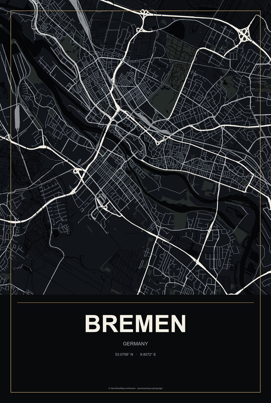 Bremen, Germany City Map Aluminum Sign in Metropolitan Noir style
