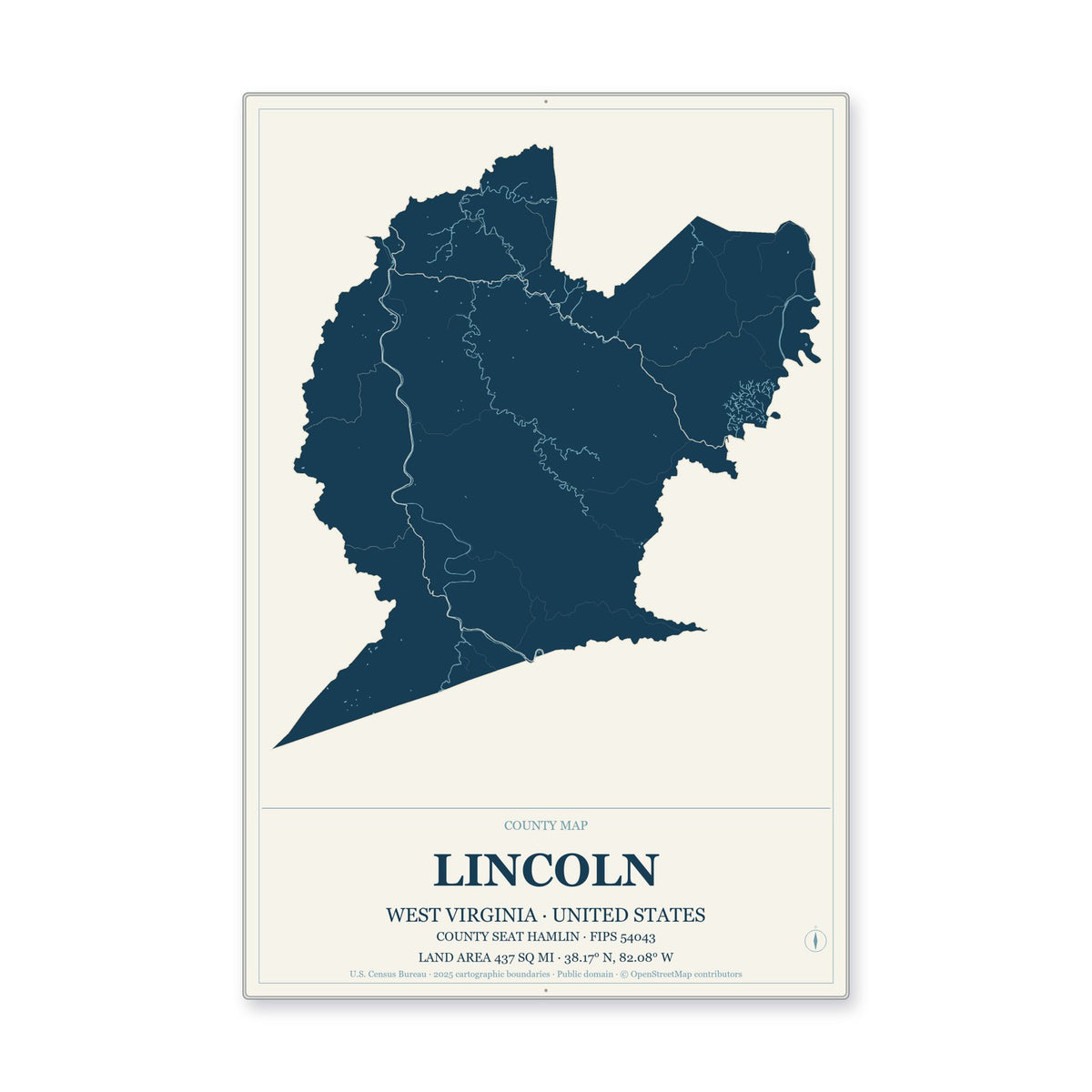 Lincoln County, West Virginia Map Aluminum Sign in Coastal Cutout style