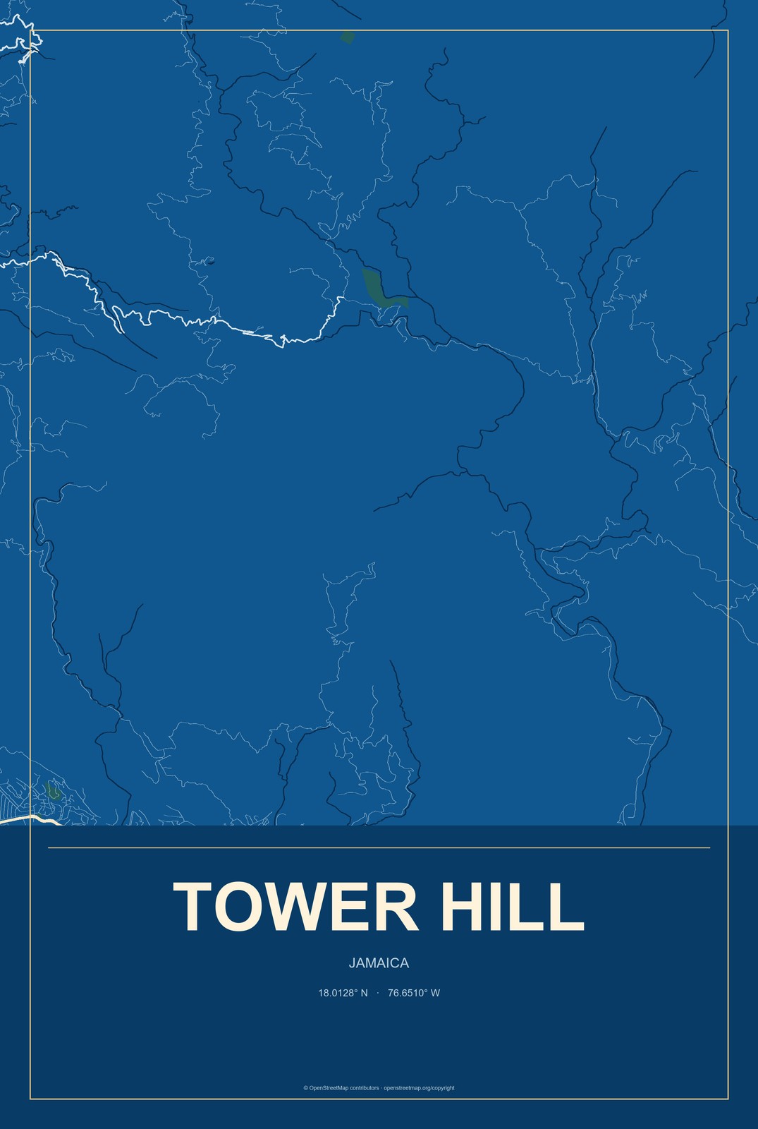 Tower Hill, Jamaica City Map Aluminum Sign in Harbor Cobalt style