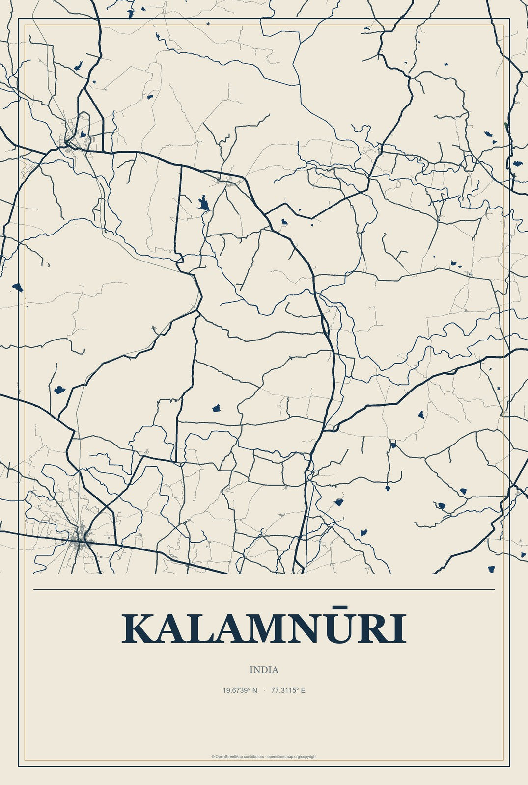 Kalamnūri, India City Map Aluminum Sign in Coastal Cutout style