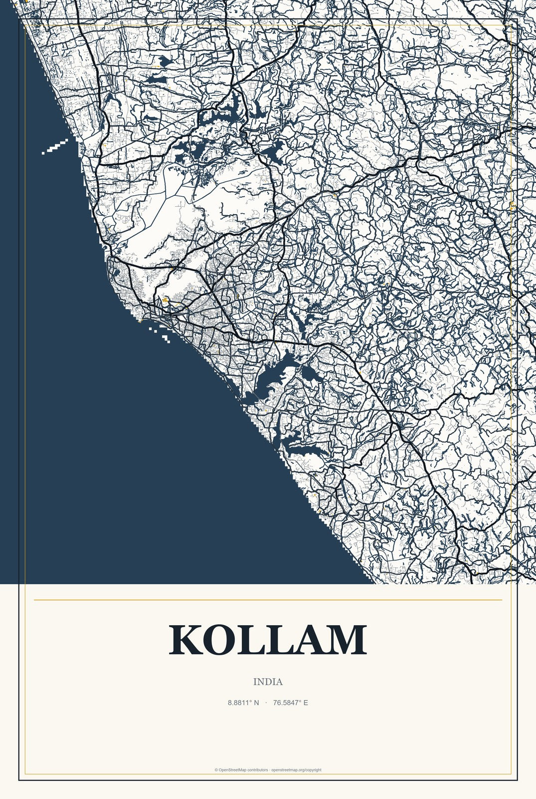 Kollam, India City Map Aluminum Sign in Citrine Modern style