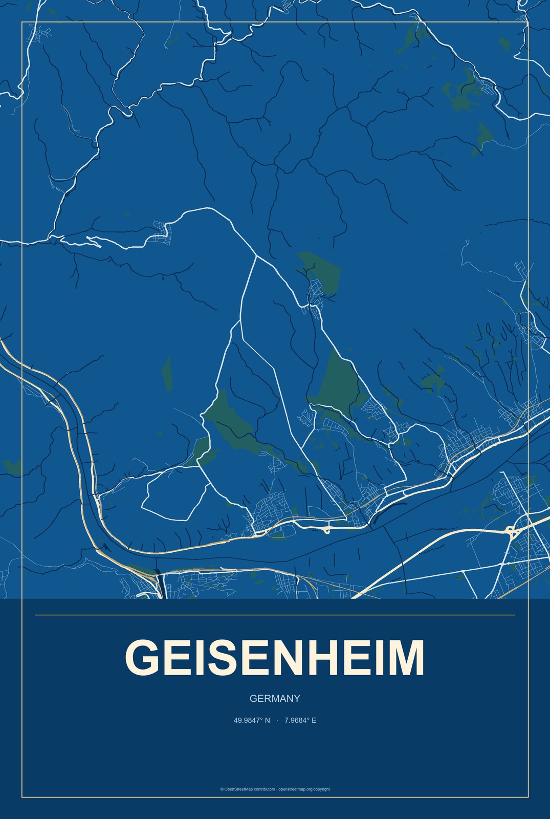 Geisenheim, Germany City Map Aluminum Sign in Harbor Cobalt style