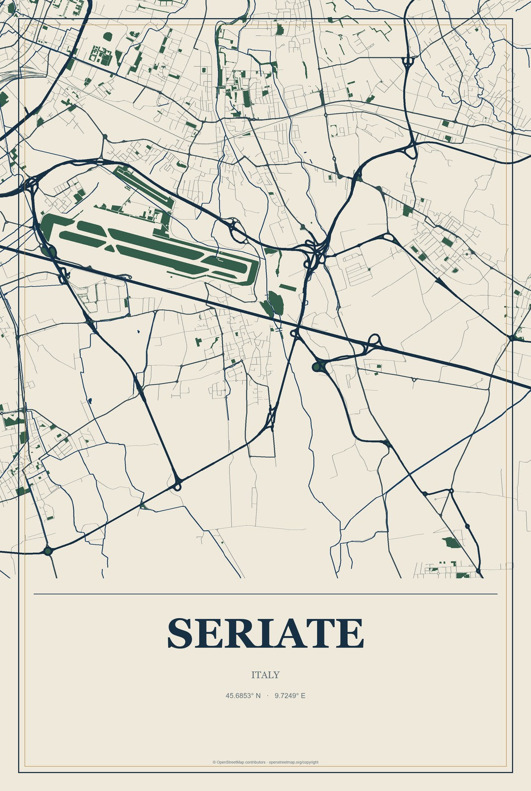 Seriate, Italy City Map Aluminum Sign in Coastal Cutout style