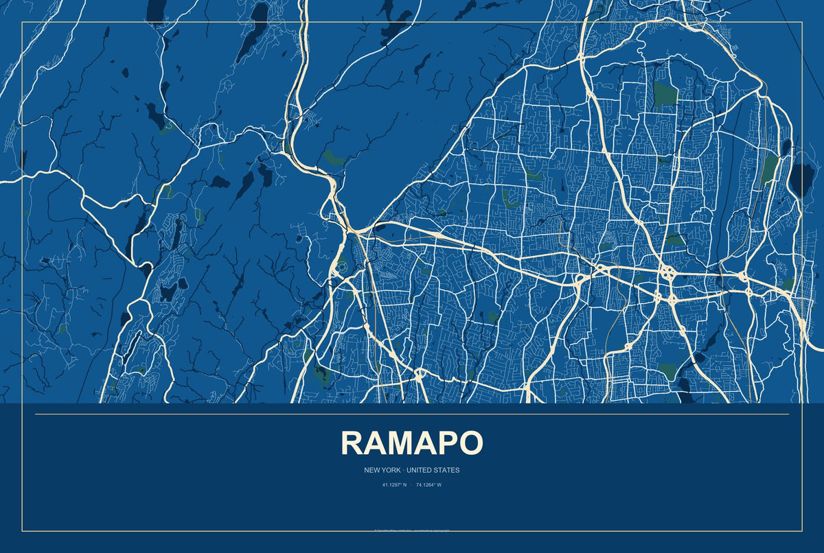 Ramapo, New York City Map Aluminum Sign in Harbor Cobalt style