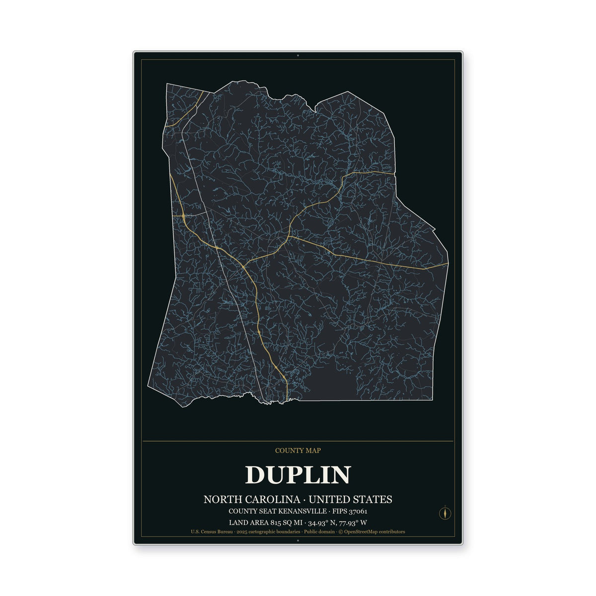 Duplin County, North Carolina Map Aluminum Sign in Metropolitan Noir style