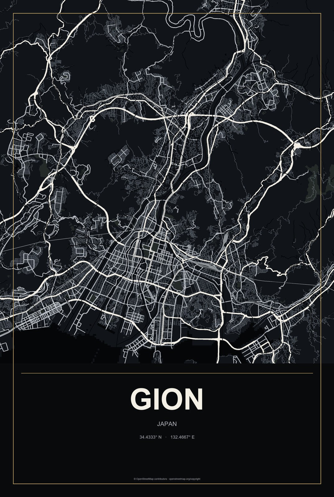 Gion, Japan City Map Aluminum Sign in Metropolitan Noir style