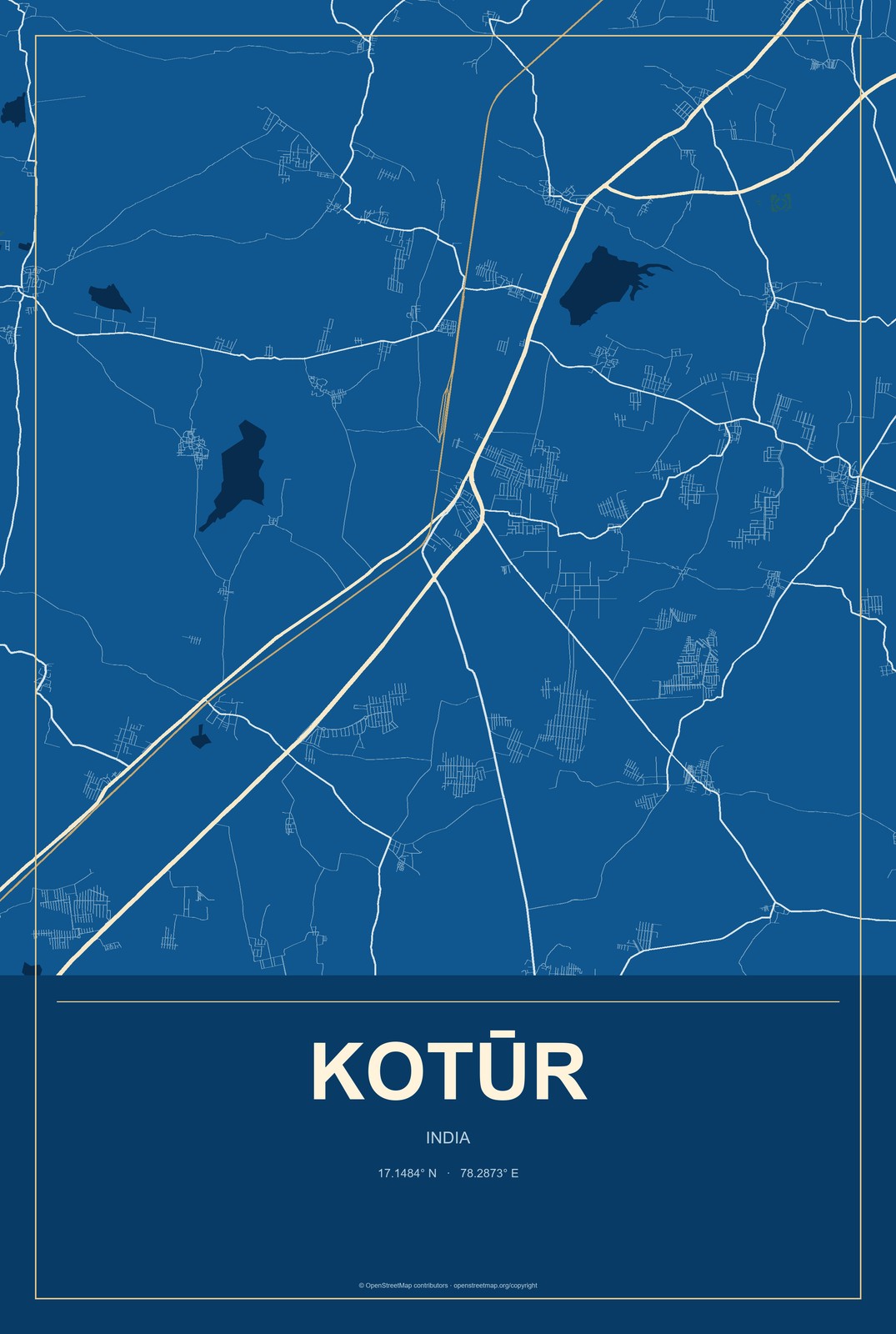 Kotūr, India City Map Aluminum Sign in Harbor Cobalt style