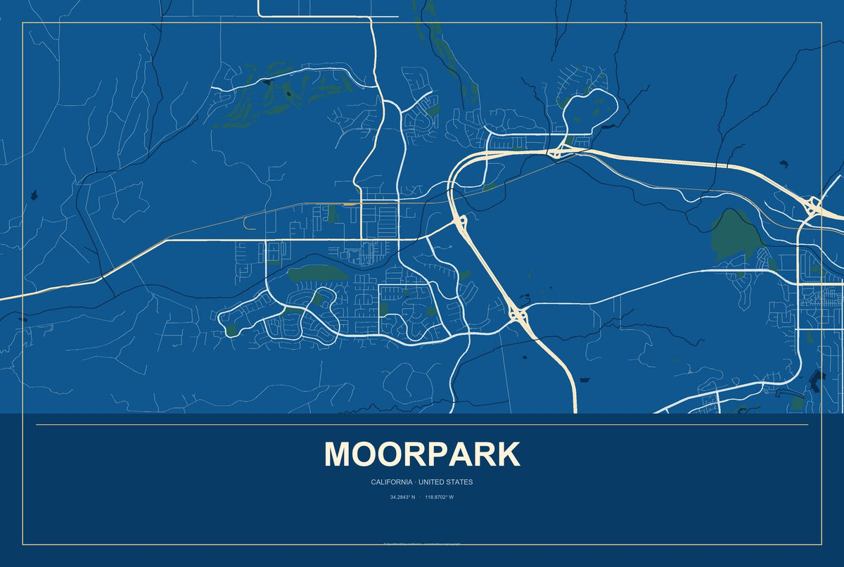 Moorpark, California City Map Aluminum Sign in Harbor Cobalt style