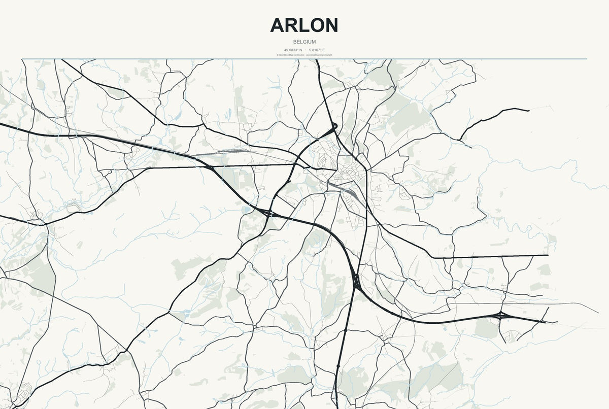 Arlon, Belgium City Map Aluminum Sign in Headline Atlas style