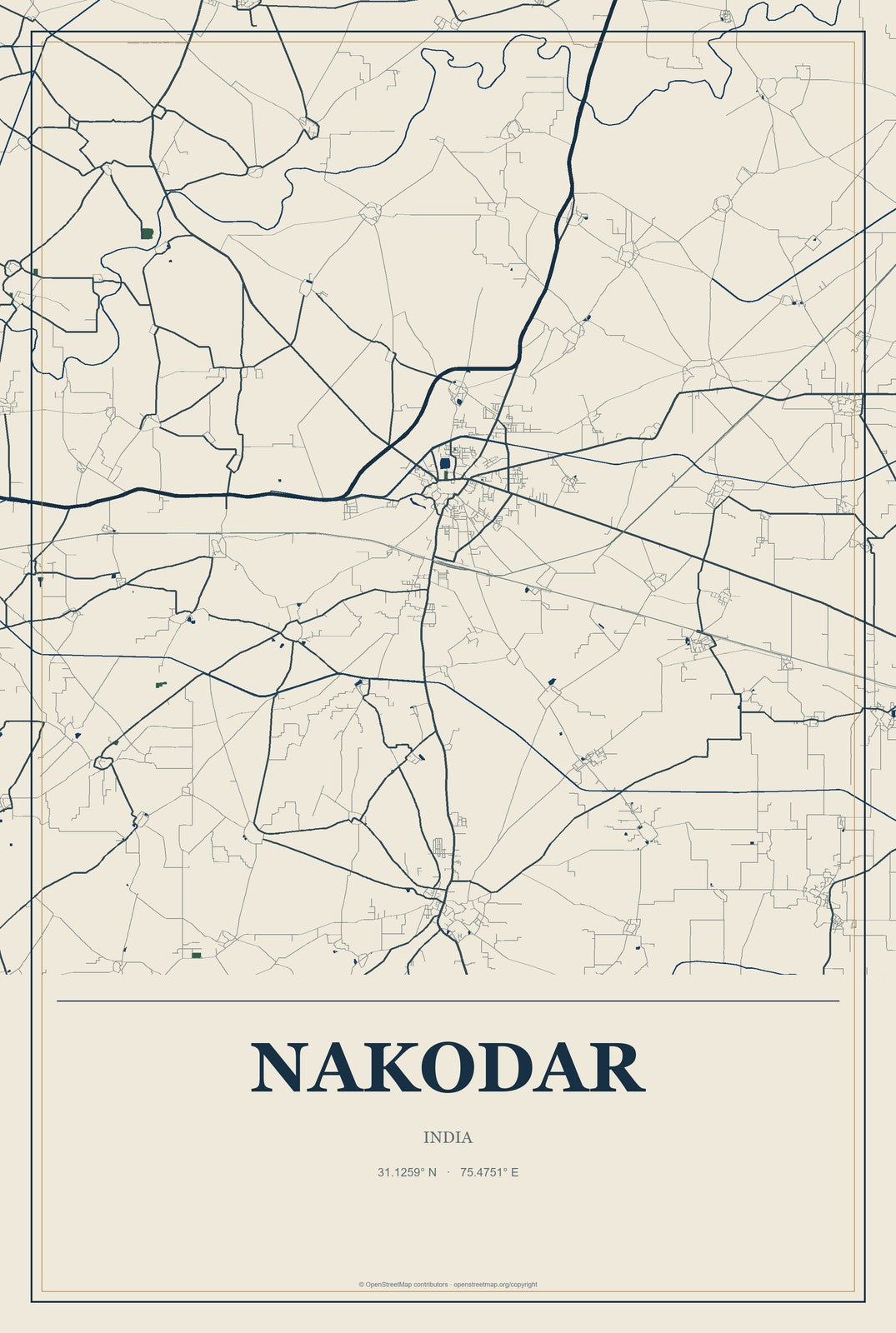 Nakodar, India City Map Aluminum Sign in Coastal Cutout style