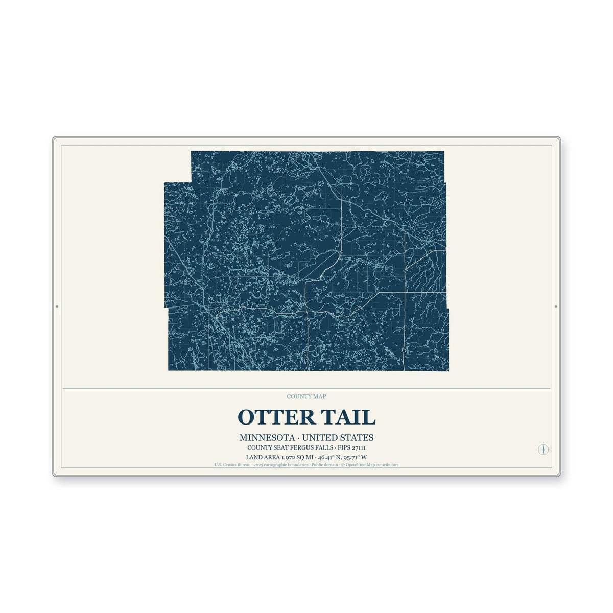 Otter Tail County, Minnesota Map Aluminum Sign in Coastal Cutout style