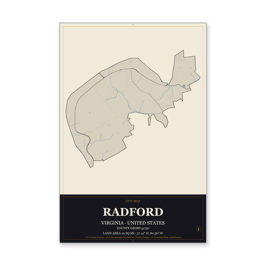 Radford city, Virginia Map Aluminum Sign in Museum Plaque style