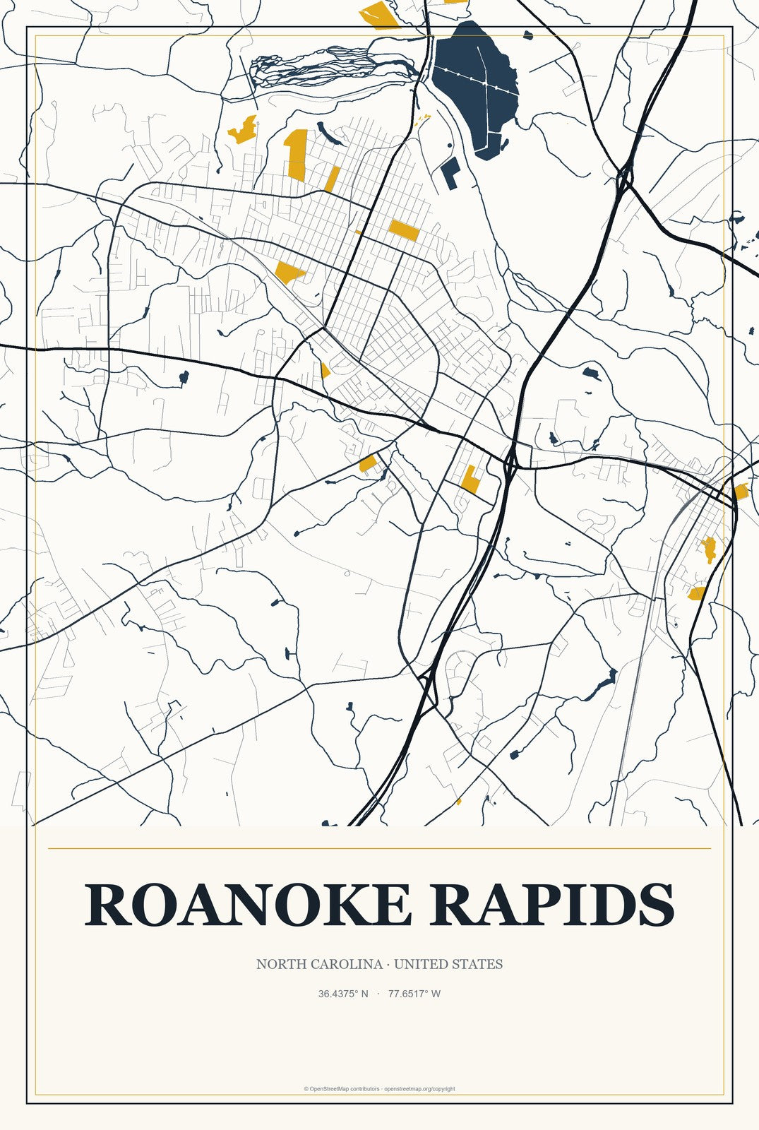 Roanoke Rapids, North Carolina City Map Aluminum Sign in Citrine Modern style