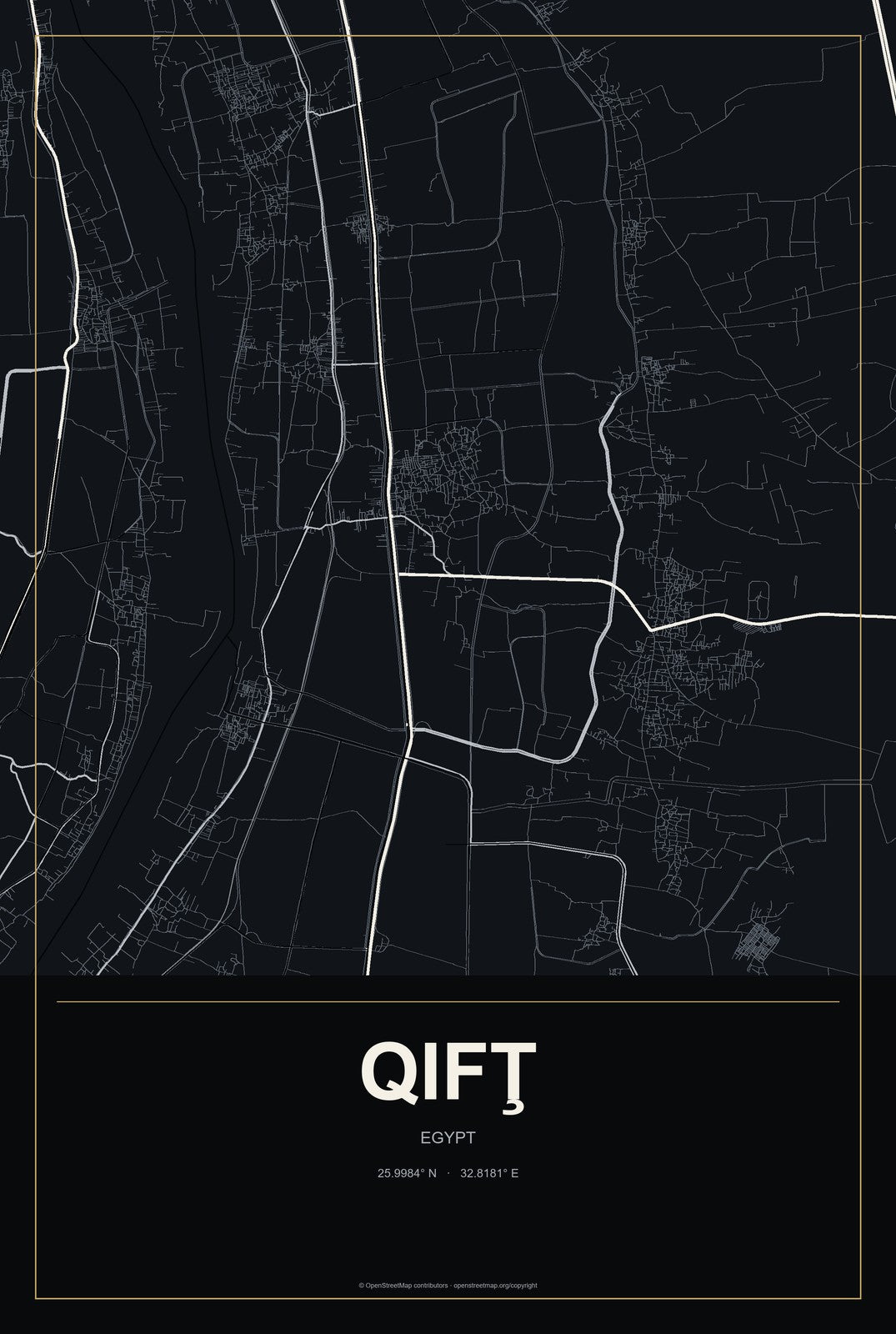 Qifţ, Egypt City Map Aluminum Sign in Metropolitan Noir style