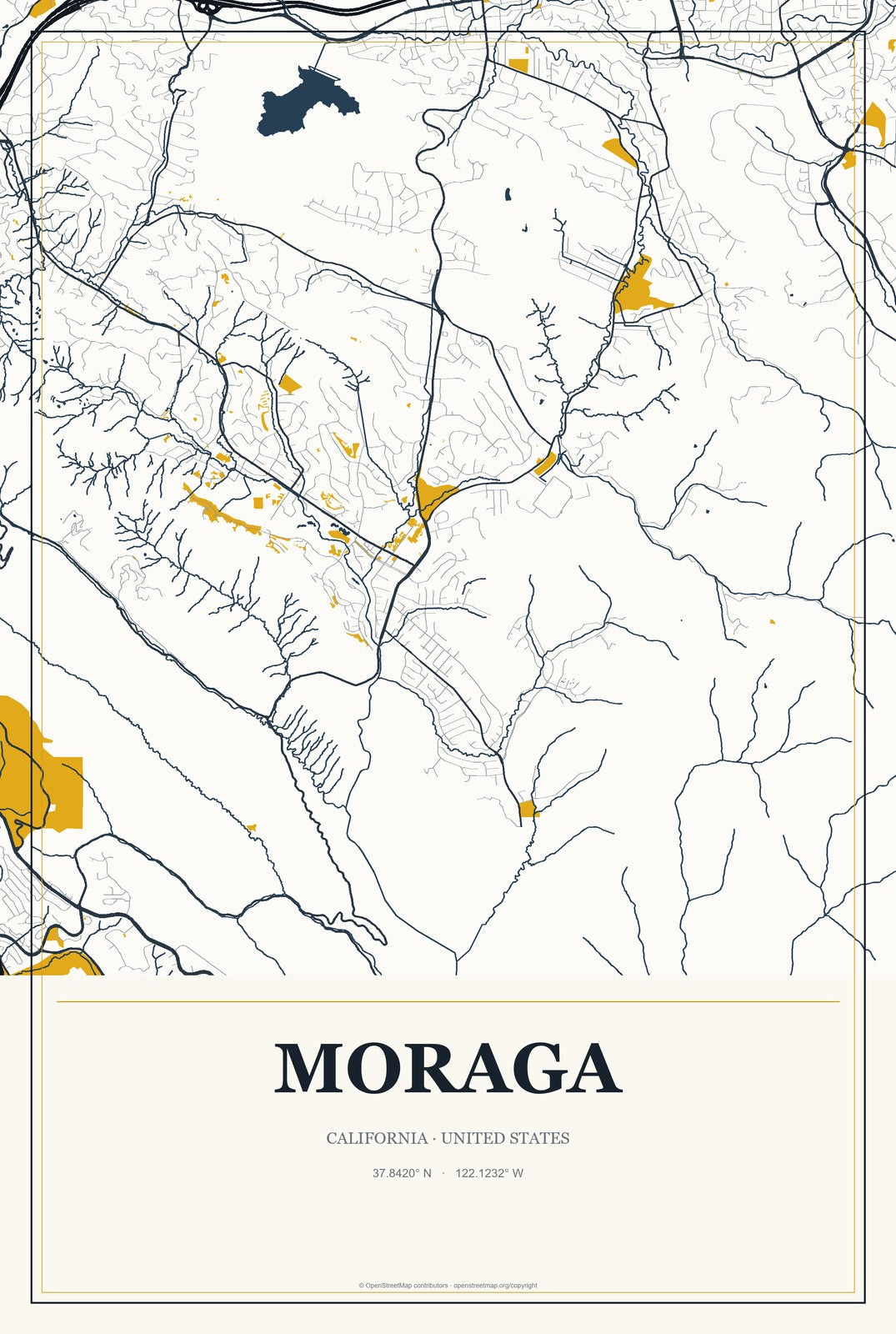 Moraga, California City Map Aluminum Sign in Citrine Modern style