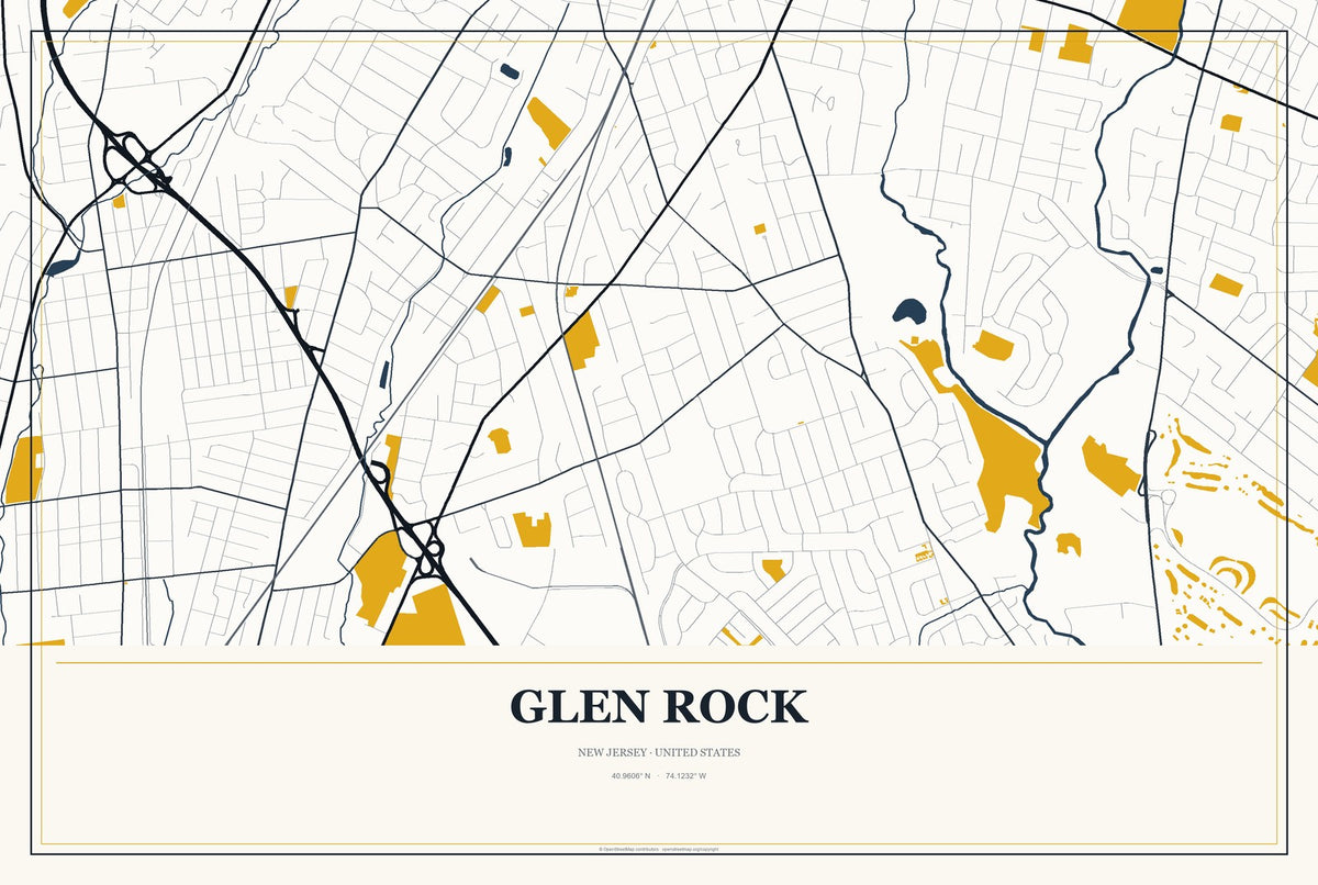Glen Rock, New Jersey City Map Aluminum Sign in Citrine Modern style