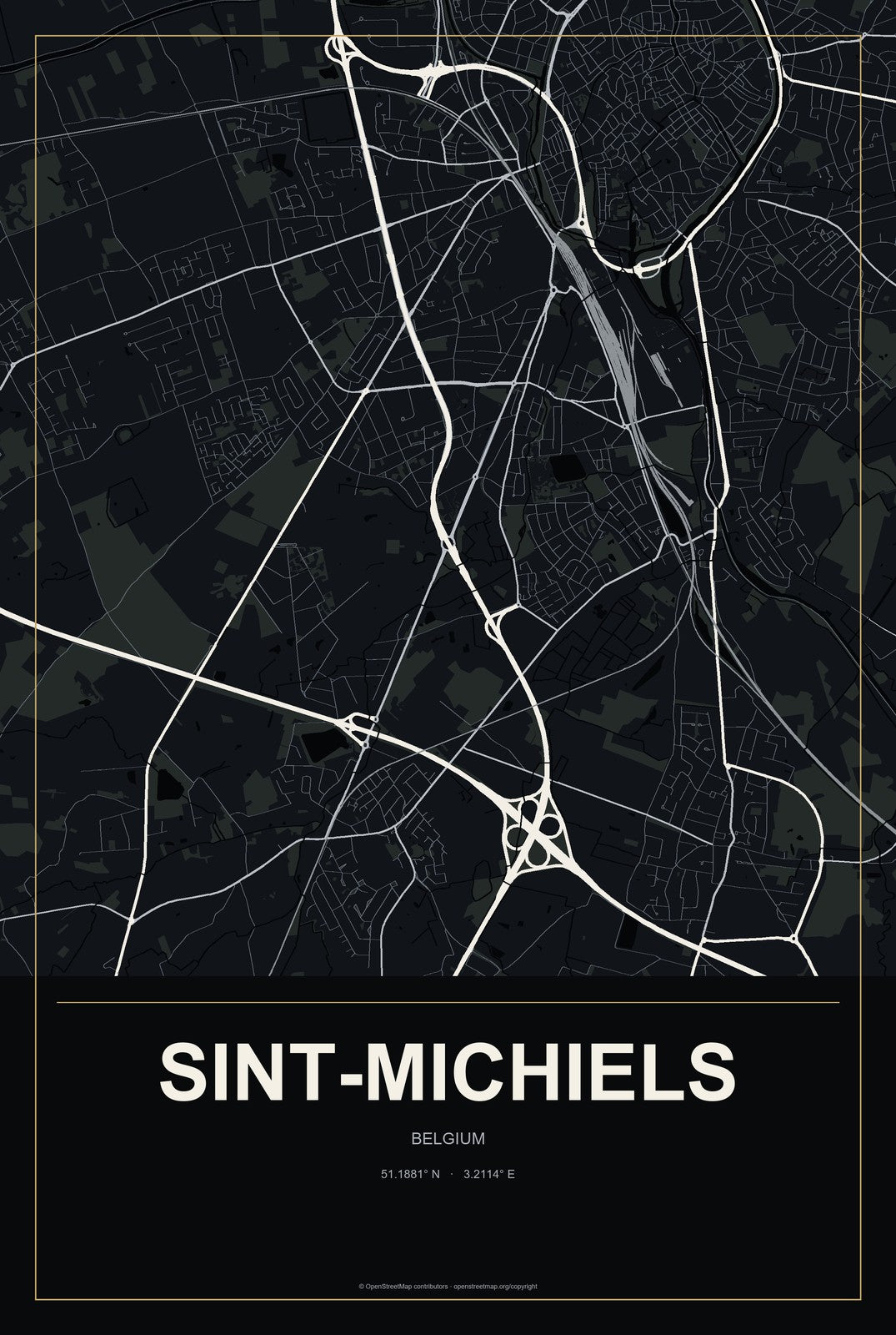 Sint-Michiels, Belgium City Map Aluminum Sign in Metropolitan Noir style